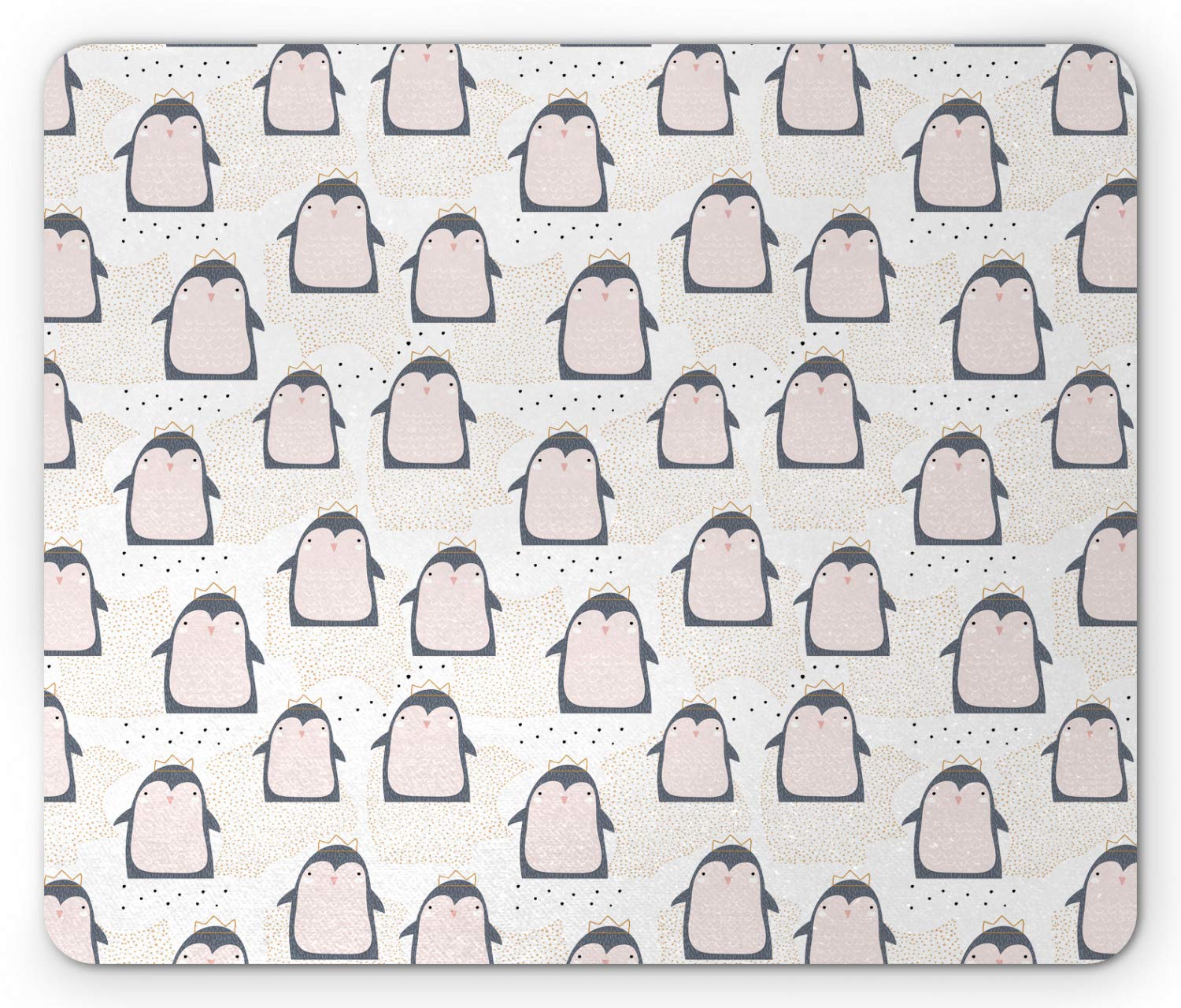 Ambesonne Penguin Mouse Pad - Pastel Cartoon Animal Design with Crowns on Dotted Background, Non-Slip Rubber Base, Standard Size (Grey & Pink) - Perfect for Office, Gaming & Home Computer Use