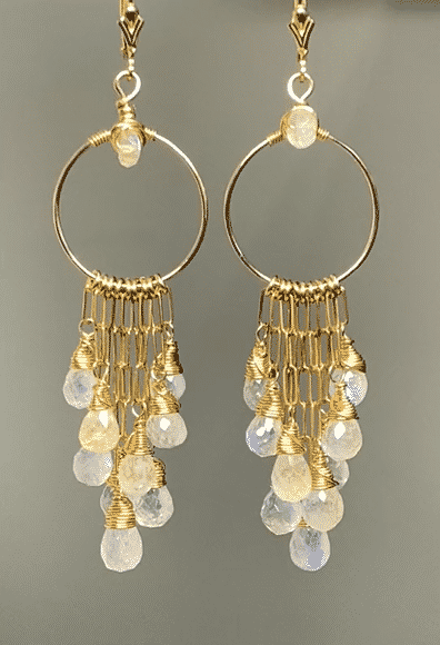 Rainbow Moonstone Gold Hoop Chandelier Earrings for Women | Elegant Dangle Drop Jewelry for Party, Wedding & Evening Wear