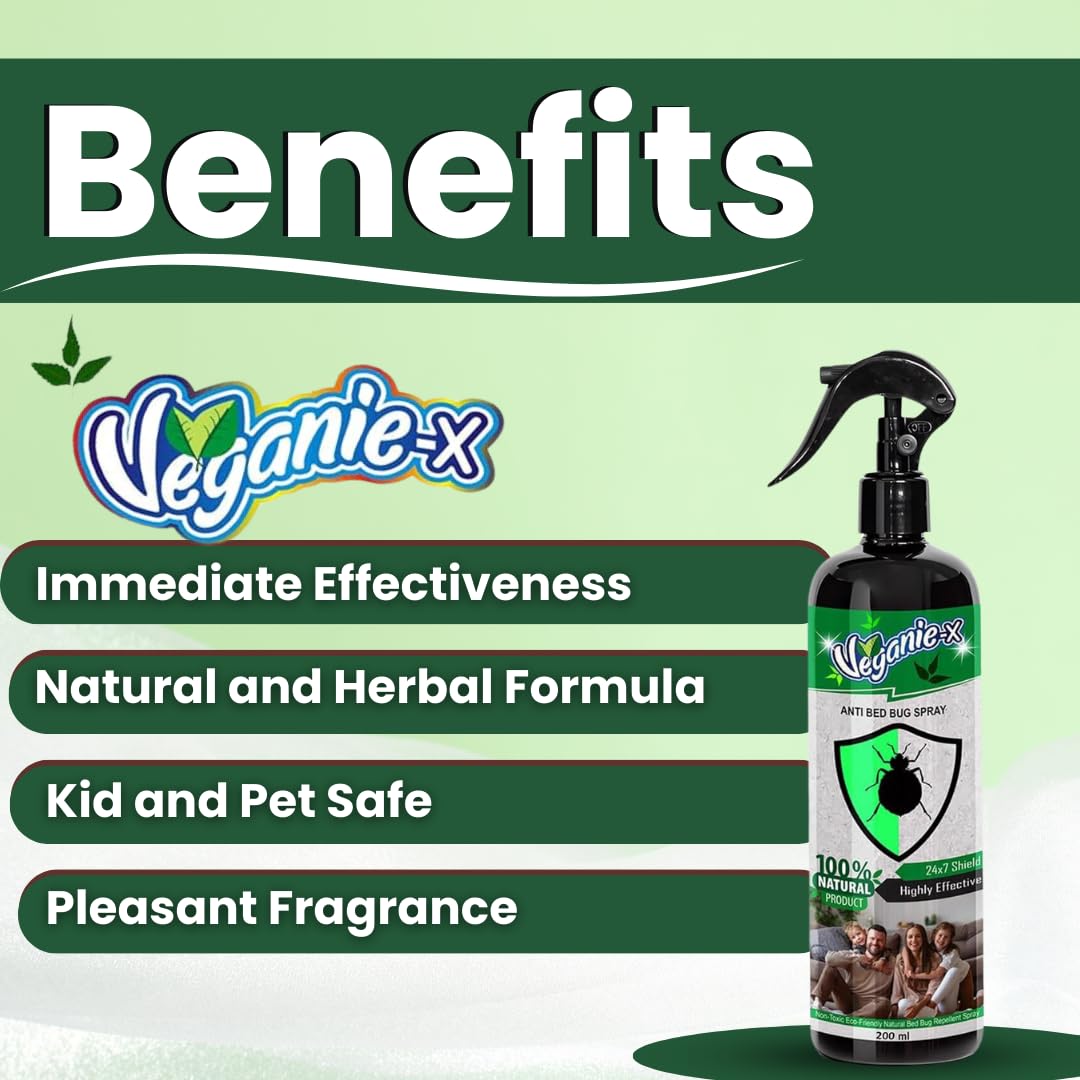 Veganie-X Natural Bed Bug Killer Spray - Organic Herbal Insect Repellent for Long Lasting Protection | Fast Acting Formula | Safe for Kids & Pets with Pleasant Fragrance (200ml) | Perfect for Mattresses, Furniture & Travel Use