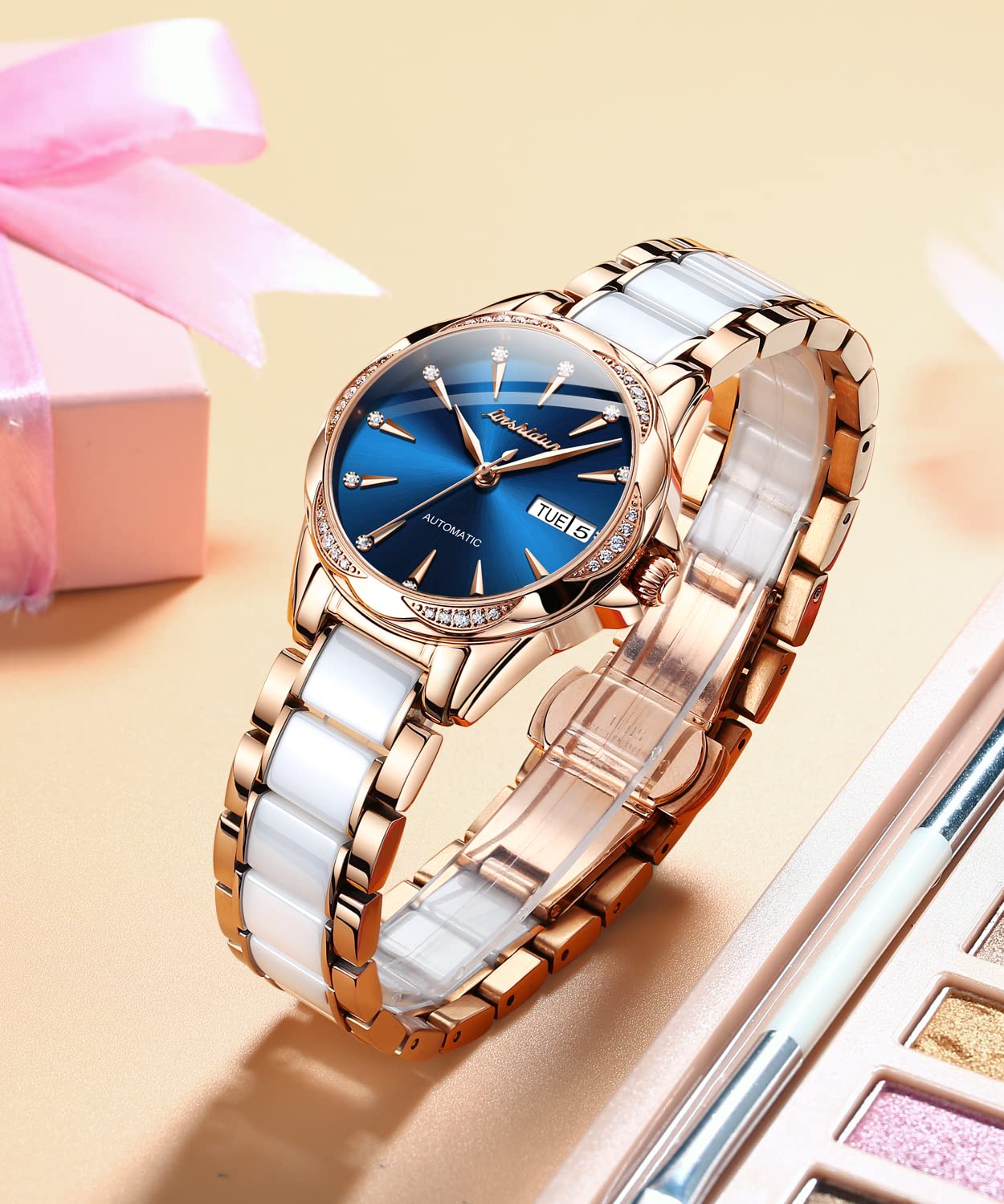 OLEVS Automatic Women's Watch with Blue Diamond Dial - Self-Winding Mechanical Watch, Ceramic & Stainless Steel Rose Gold Case, Day/Date Display, Water Resistant - Elegant Dress Watch for Women, Perfect Gift for Her | Office, Party, Wedding & Everyday Wear