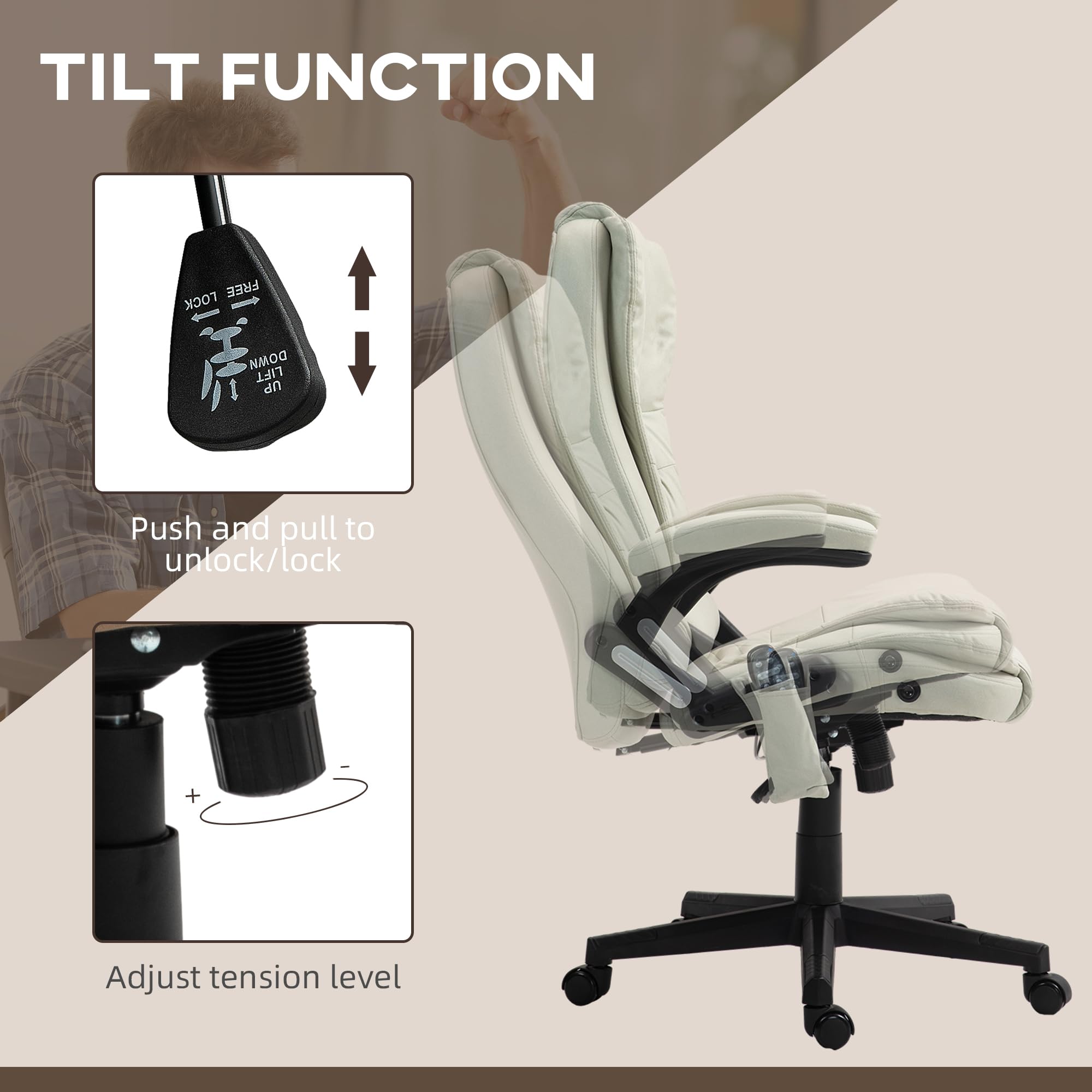 HOMCOM 6-Point Vibrating Massage Office Chair with Heating - High Back Executive Chair, Reclining Backrest & Padded Armrests - Remote Control - Beige Microfiber - Perfect for Home Office, Gaming & Relaxation