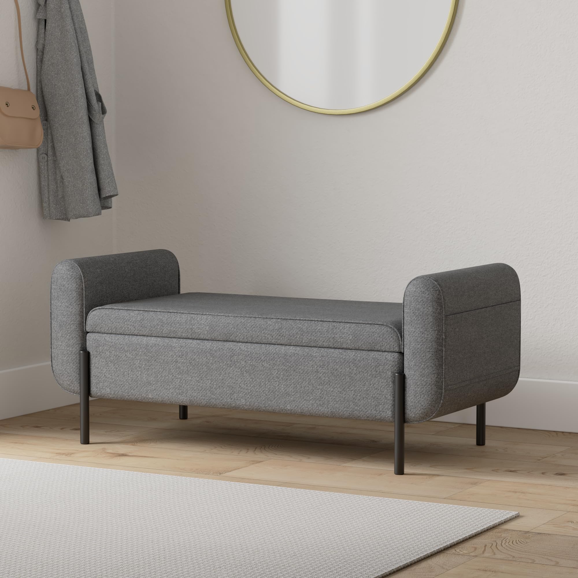 SONGMICS Storage Bench with Armrests, Dark Gray Ottoman with Hidden Storage Compartment, Sturdy Steel Legs - Perfect for Living Room, Bedroom, Entryway & Hallway Organization | Multi-Functional Seat & Storage Solution for Small Spaces