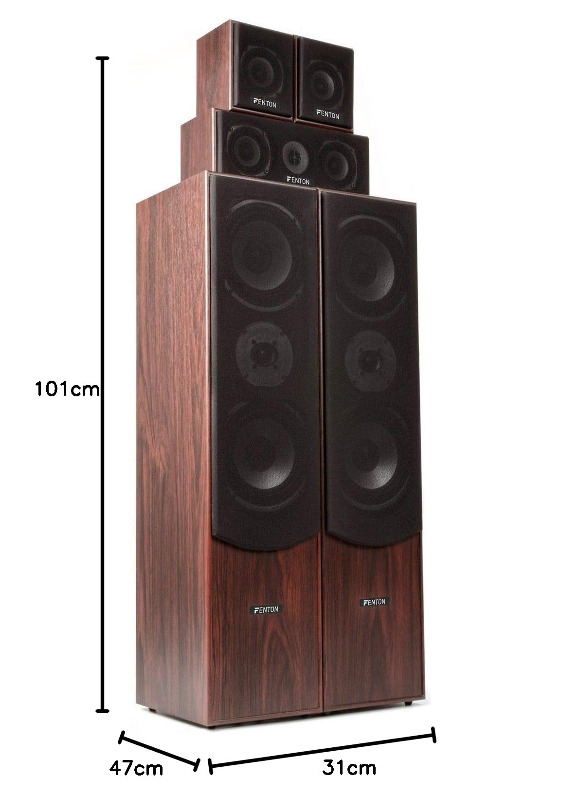 Fenton HF5W 5.0 Home Theater Speaker System - 335W Walnut Wood Bookshelf Speakers (Set of 5) - High-Quality Audio for Movies, Music & Gaming - Perfect for Living Room, Home Theater & Entertainment Spaces