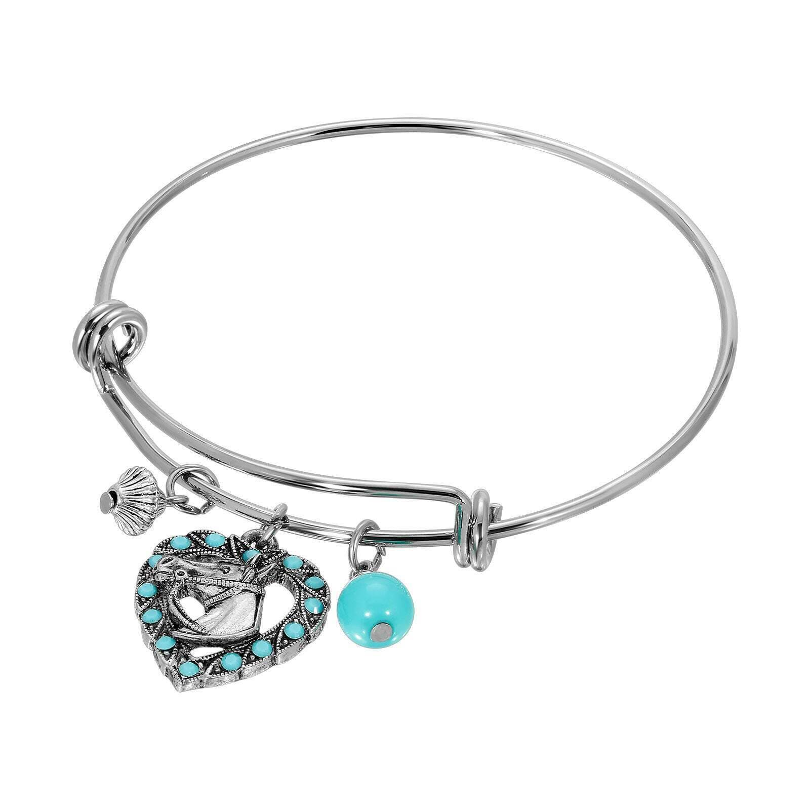 1928 Heart Horse Head Turquoise Crystal Wire Bracelet with Charms - Boho Chic Jewelry for Women - Perfect for Casual Wear, Parties & Gifts