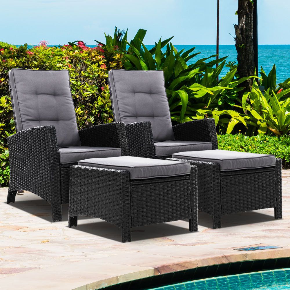 2-Piece Wicker Sun Lounger Recliner Chair Set with Ottoman - Patio Garden Outdoor Furniture for Poolside, Backyard & Beach Relaxation