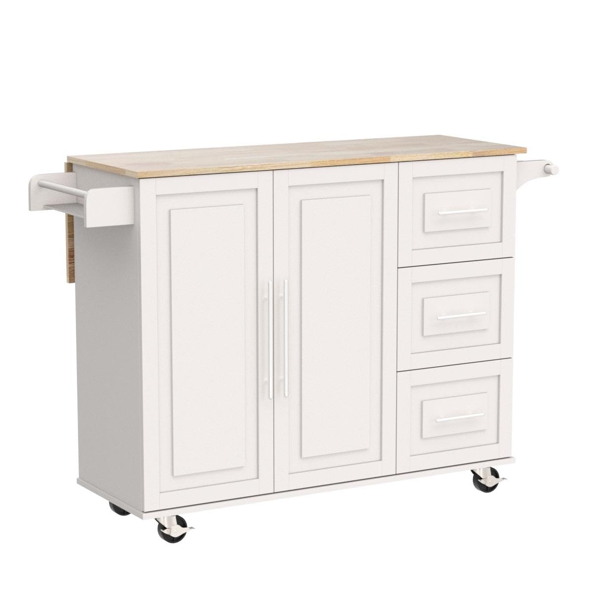 Upgraded Thick Wood Kitchen Island Cart with Wheels & Drop-Leaf Top - Large Folding Extendable Dining Table Cart with Storage Cabinet & 3 Drawers (White) | Perfect for Small Kitchens, Breakfast Nooks & Entertaining Guests