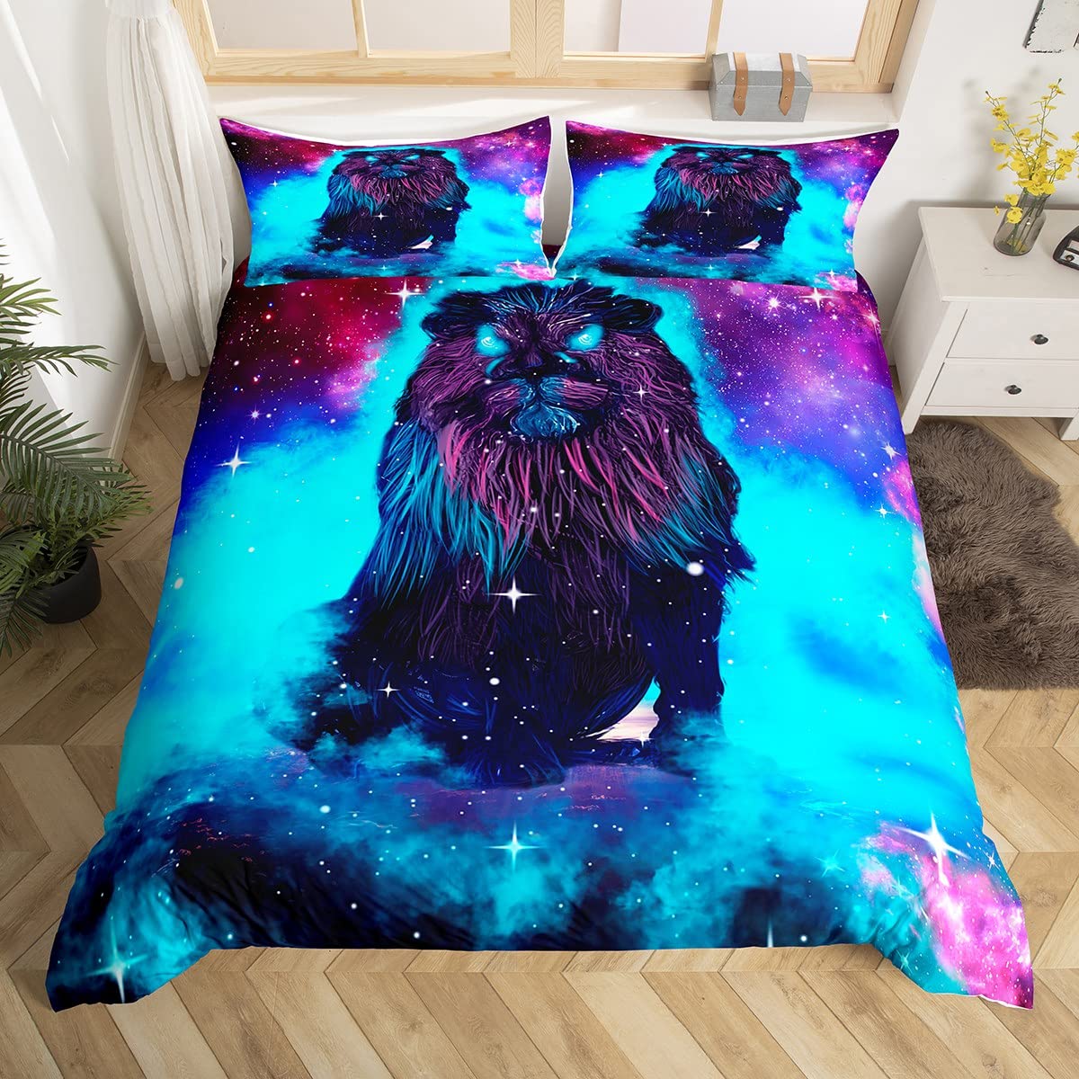 Feelyou 3D Lion Duvet Cover Set Twin Size - Kids Animal Print Bedding with Galaxy Design, Soft Microfiber Comforter Cover & 2 Pillow Shams (Zipper Closure) - Perfect for Children's Room Decor, Birthday Gifts and Cozy Bedtime