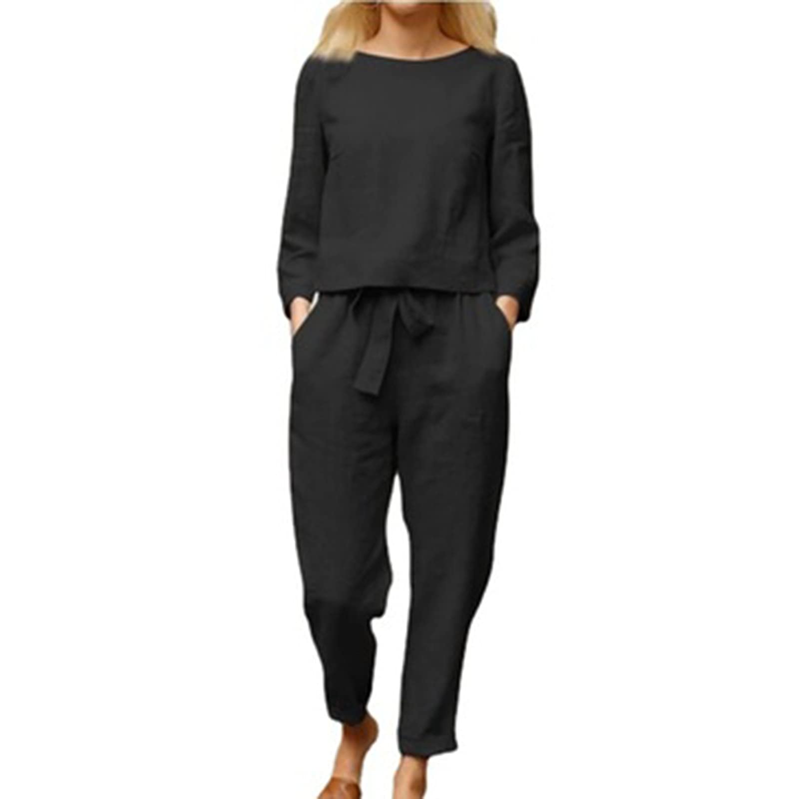 DOYIMBO Women's Long Sleeve Jumpsuit - Cotton Linen Overalls with Pockets, High Waisted Black Wide Leg Pants for Casual Wear | Office, Date Night, Fall Outfits