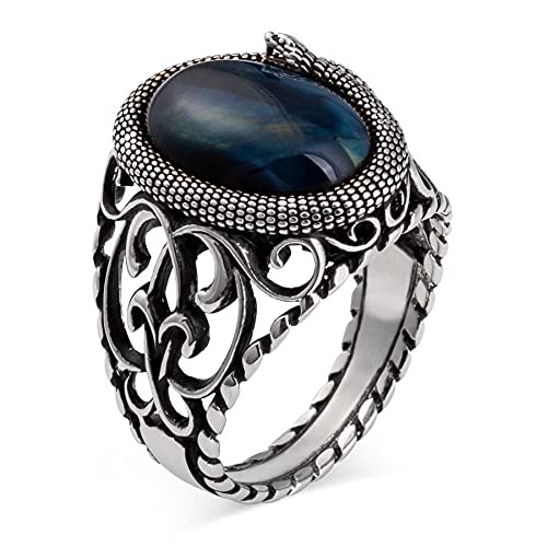 Handmade Men's 925 Sterling Silver Snake Ring with Blue Tigers Eye Gemstone - Size 10 - Unique Gothic Jewelry for Men, Perfect for Gifts, Parties, and Everyday Wear