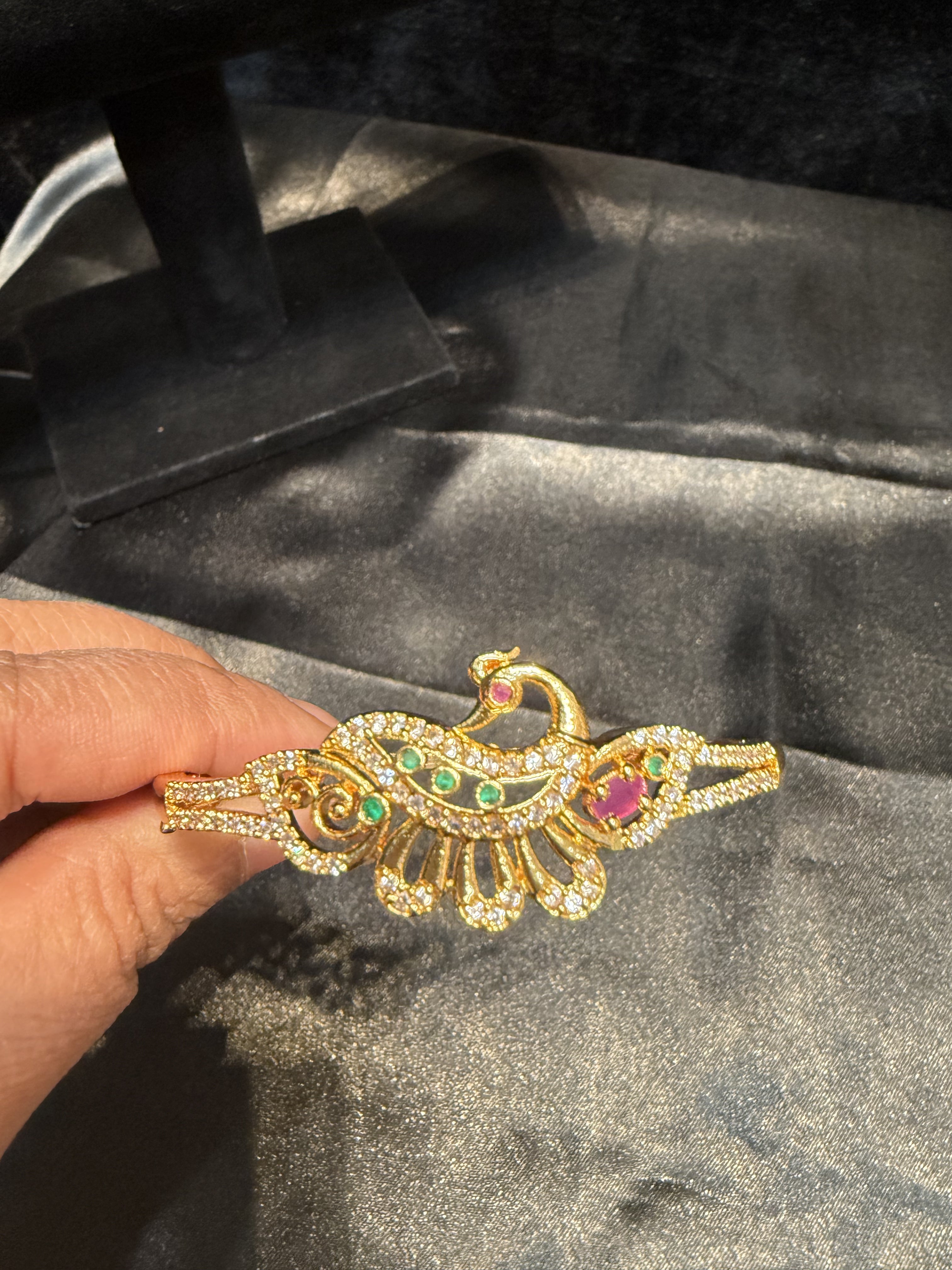 Elegant Gold Plated Peacock Design Bracelet with Green, Hot Pink & White Stones - Perfect for Parties, Weddings & Special Occasions