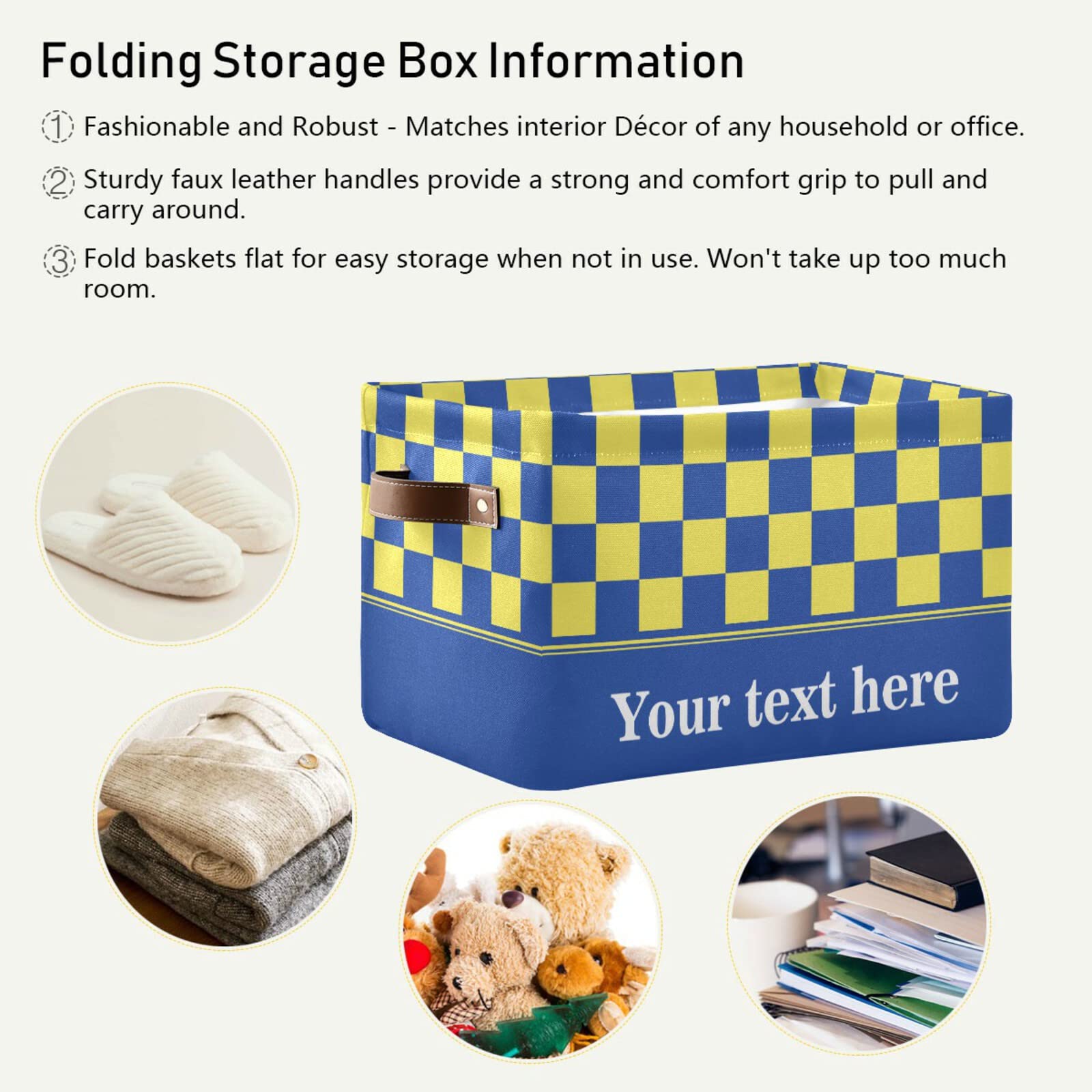 Checkerboard Yellow Blue Plaid Collapsible Storage Basket with Leather Handles - Rectangular Storage Bin for Kitchen, School, Office & Home Organization | Perfect for Shelves, Closets & Laundry Room