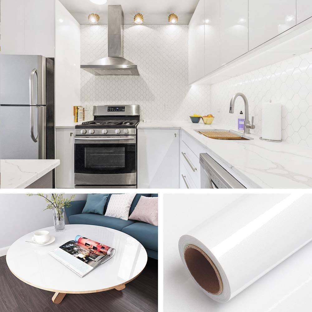 SurfNPick Pure White Glossy Vinyl Self-Adhesive Wallpaper - Peel & Stick Furniture Film, Contact Paper for Kitchen Countertops, Cabinets, Wardrobes (12x24 Inches) - Perfect for Home Renovation & DIY Projects