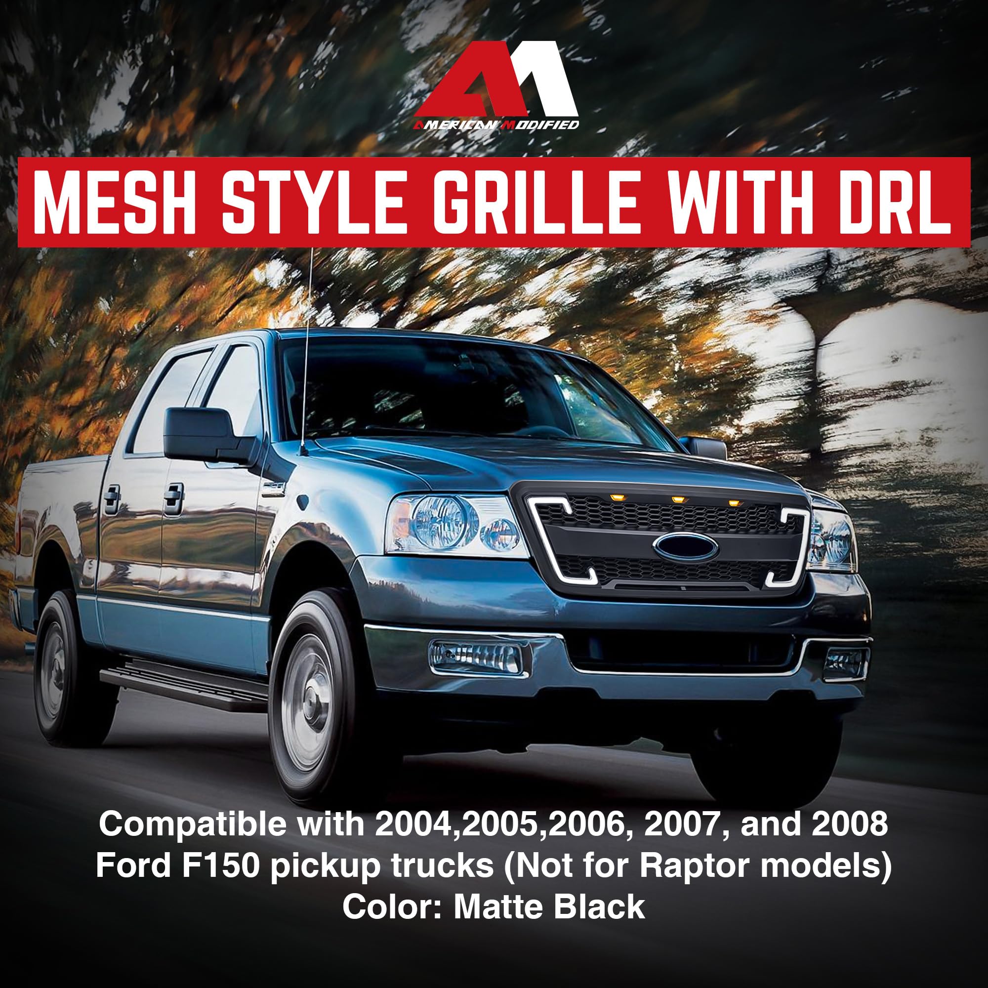 Raptor Style Mesh Grille with DRL & Turn Signals for 2004-2008 Ford F150 | Matte Black | Off-Road Upgrade | Enhanced Style & Visibility for Trucks