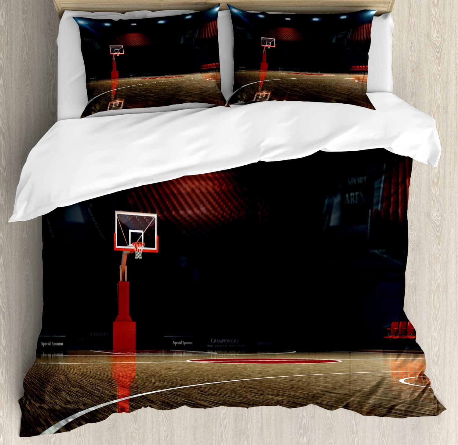 Ambesonne Basketball Duvet Cover Set - King Size 2-Pack with 2 Duvet Covers & 4 Pillowcases - Empty Court Sport Arena Wood Floor Print - Brown Black and Red Sports Bedding - Perfect for Basketball Fans' Bedrooms and Dorm Rooms