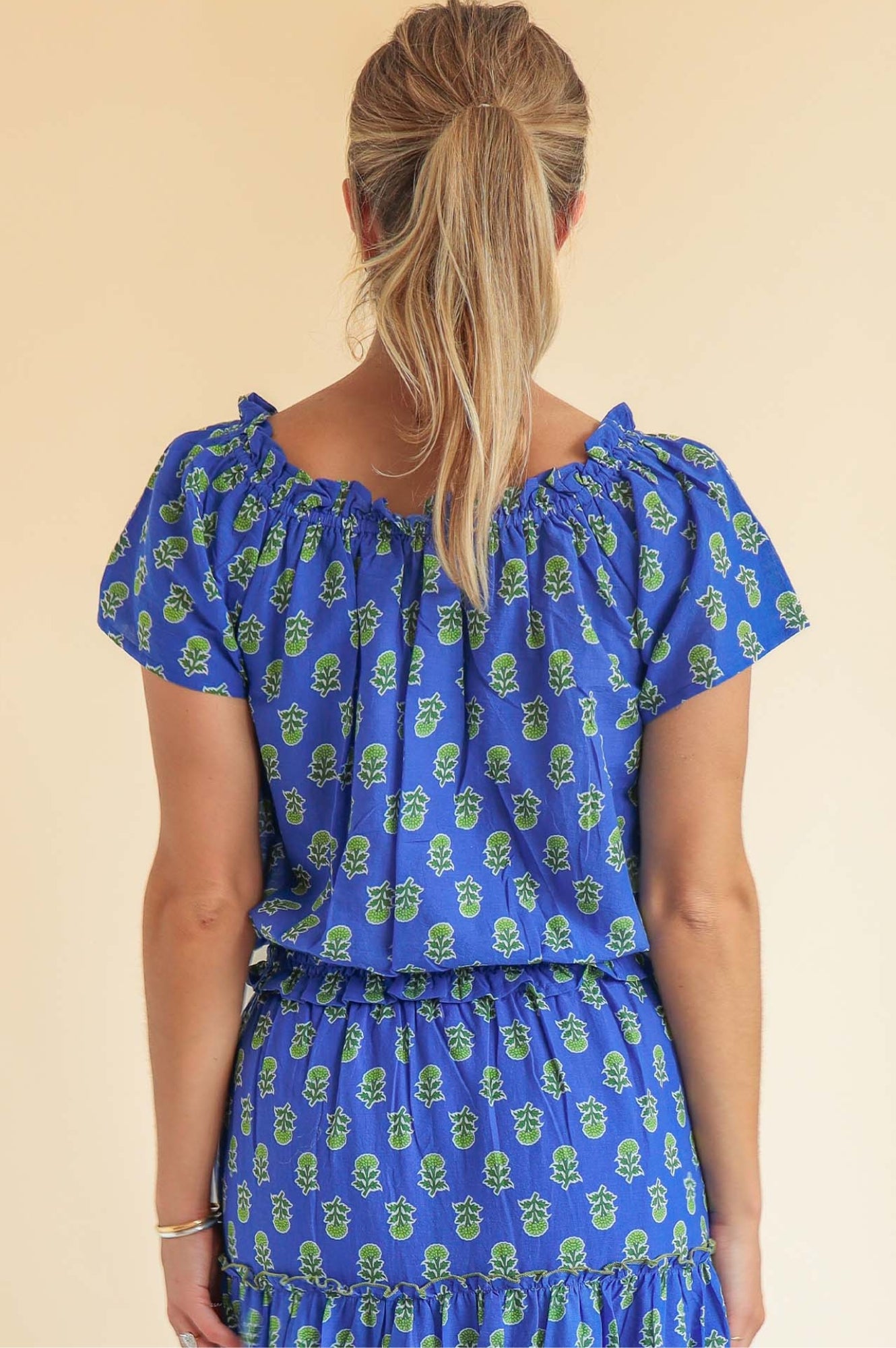 Ilana Printed Organic Cotton Women's Top | Blue & Green Floral Design | Casual Wear, Summer Outfits, Boho Style Fashion