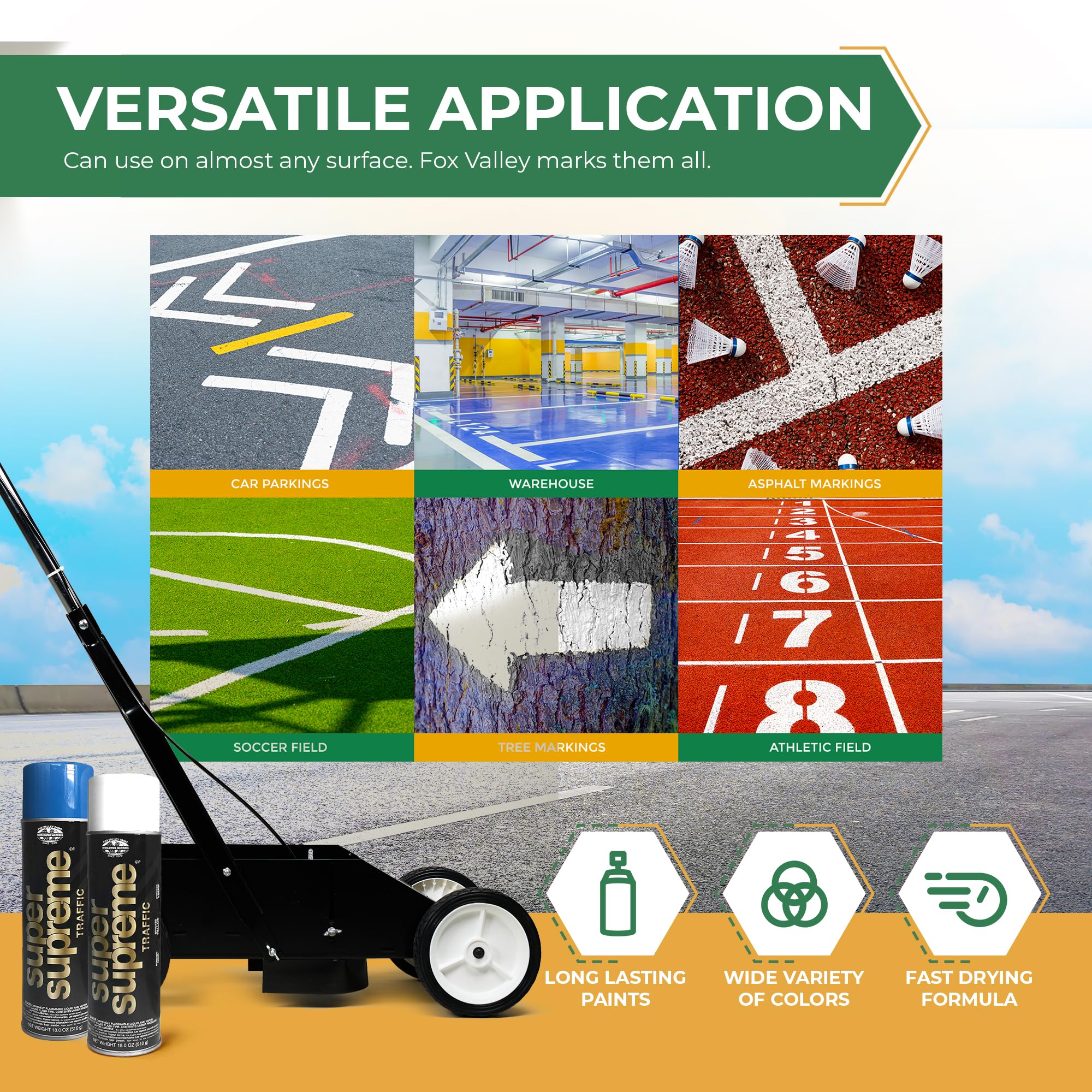 Fox Valley Traffic Super Striper Line Marking Machine Starter Kit for Parking Lots - Easy to Use Striping Paint Machine, Durable Line Painting Equipment, Parking Lot Marking Kit (6 Cans) - Perfect for Parking Lot Maintenance, Warehouse Floor Marking & Road Safety Line Painting