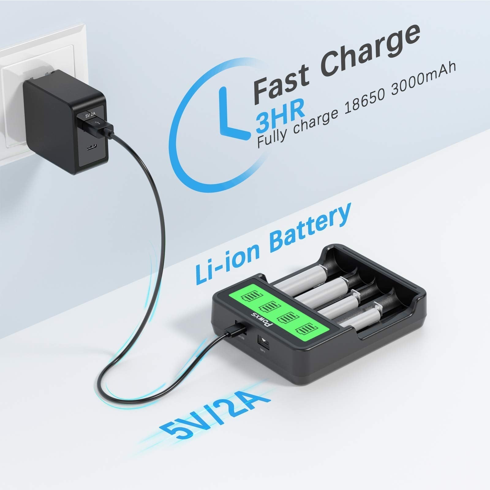 POWXS SW 4P Smart Battery Charger with 4 RCR123A 16340 Li-ion Rechargeable Batteries - Fast Charging for Flashlights, Cameras & Electronics (Home & Outdoor Use)