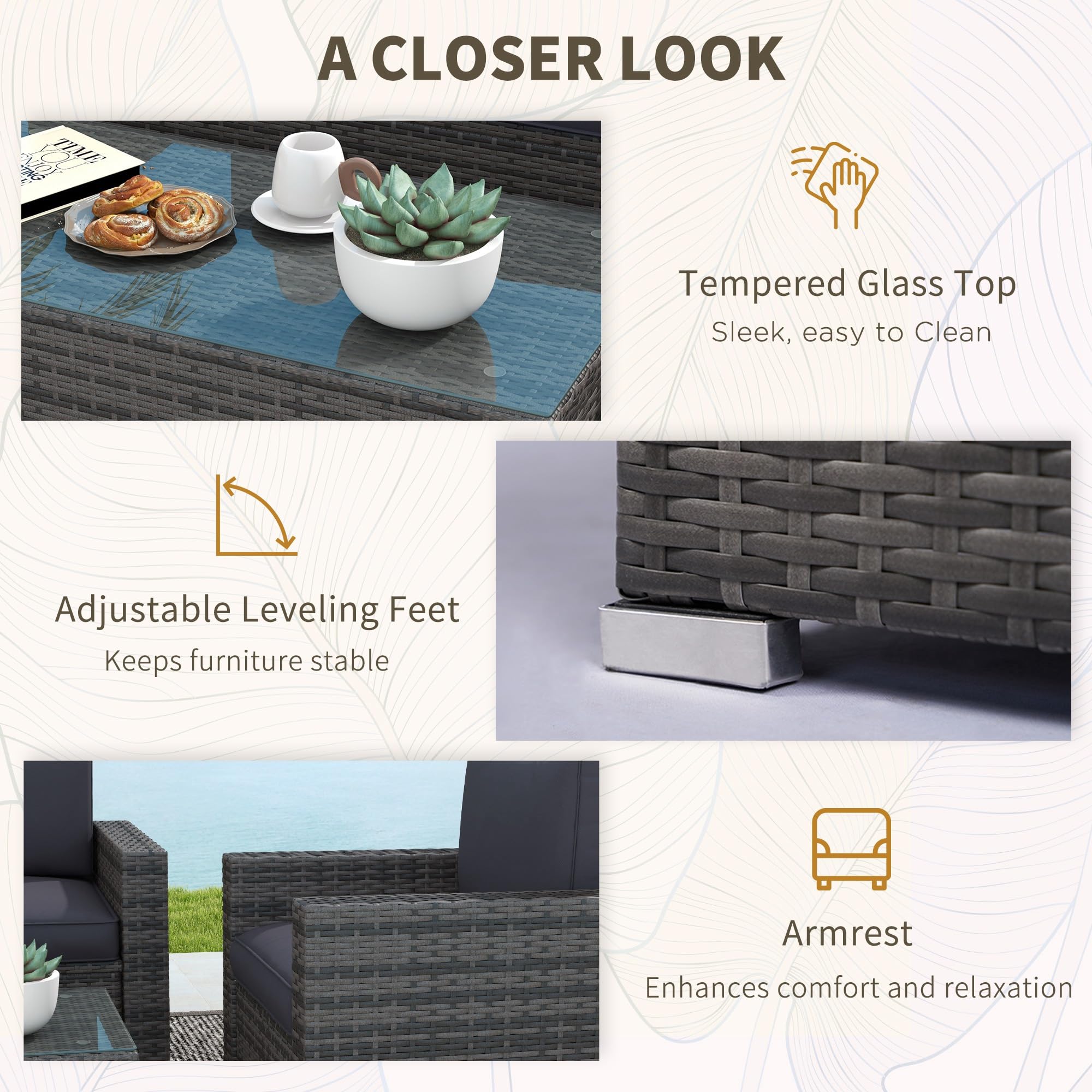 Outsunny 4-Piece Gray Wicker Patio Furniture Set with Cushions - Outdoor Sectional Sofa Set with 2 Sofas, Loveseat & Glass Top Coffee Table - Perfect for Garden, Backyard, and Poolside Relaxation
