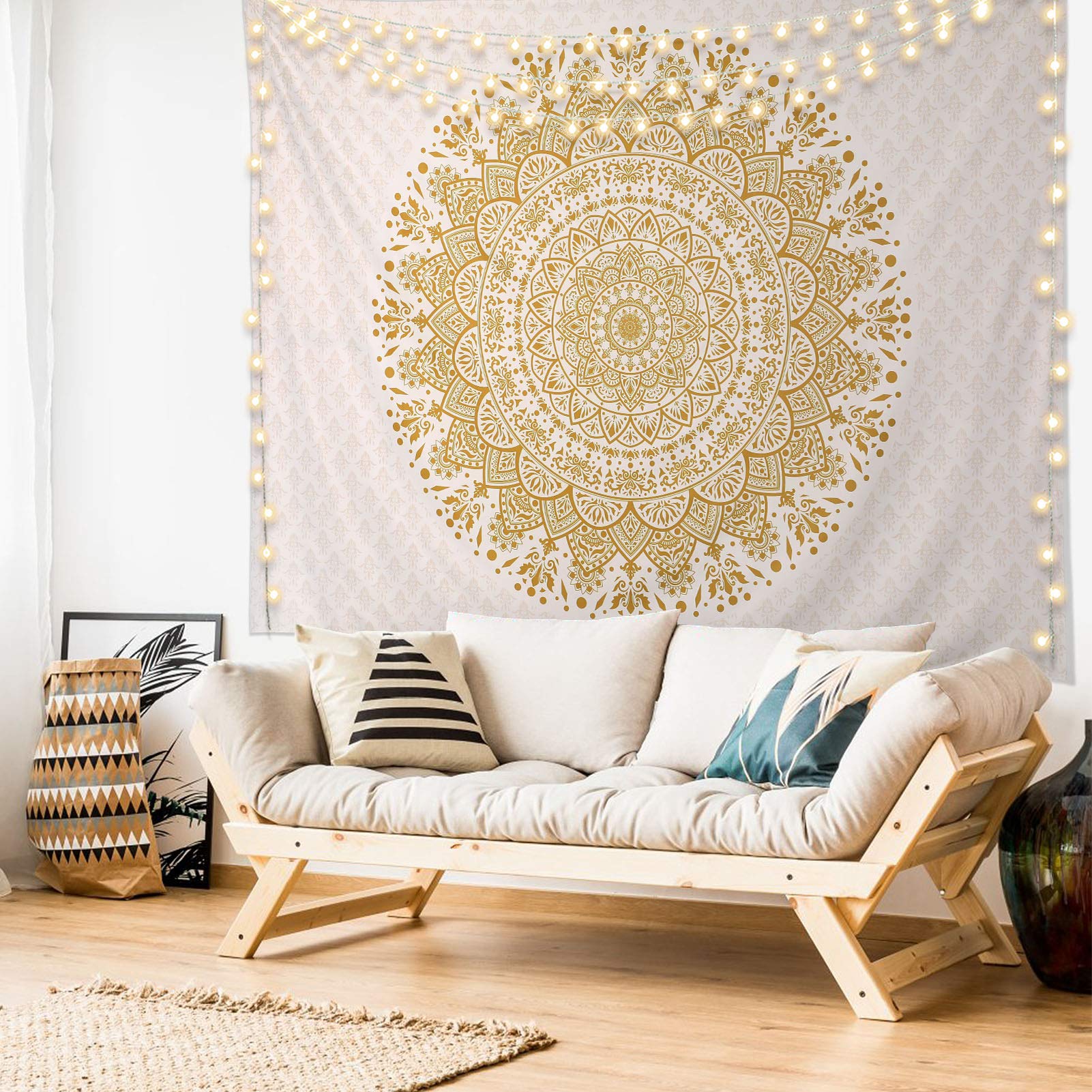 Edeesky White and Gold Mandala Tapestry Wall Hanging - Boho Chic Home Decor for Living Room, Bedroom, Dorm - Perfect for Meditation Spaces, Yoga Studios & Festival Decor