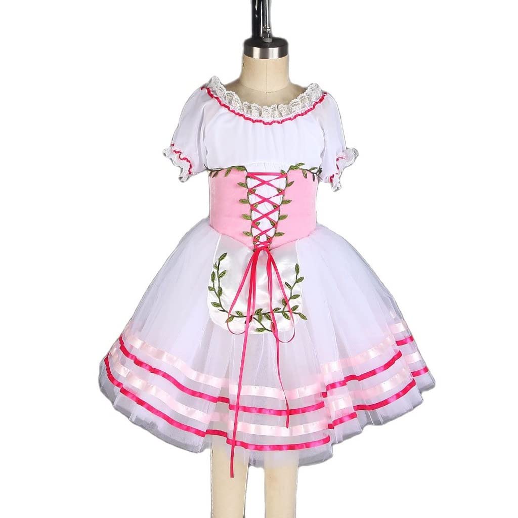 CCBUY White Chiffon Short Sleeve Romantic Tutu Skirt with Small Apron - Ballerina Dance Costume, Ballet Tutu Leotard Dress for Girls (Pink, Size MA) - Perfect for Ballet Performances, Dance Recitals, and Princess Dress-Up Play