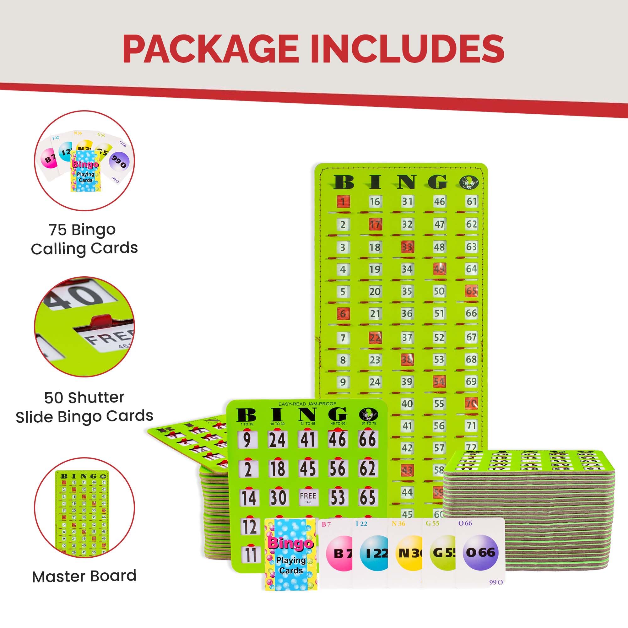 MR CHIPS Jam-Proof Bingo Cards with Sliding Windows - 50 Reusable Shutter Cards, 75 Calling Cards & 1 Master Board (Green) - Perfect for Family Game Nights, Bingo Parties & Classroom Activities