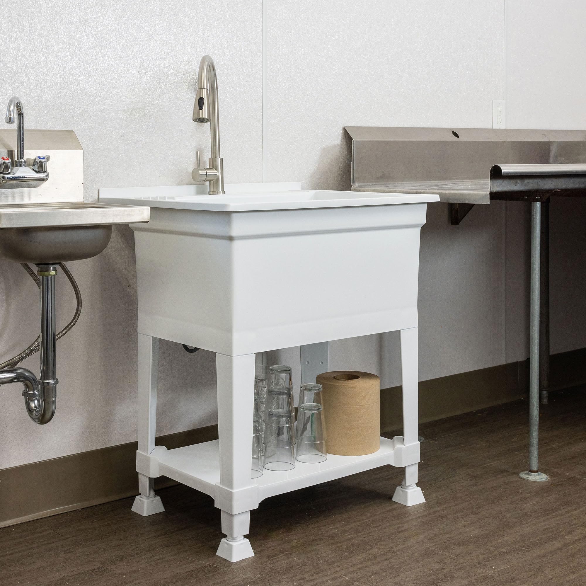 30 x 24 Inch White Freestanding Utility Sink for Laundry Room, Garage & Workshop - Heavy Duty Stainless Steel Basin for Washing, Cleaning & DIY Projects