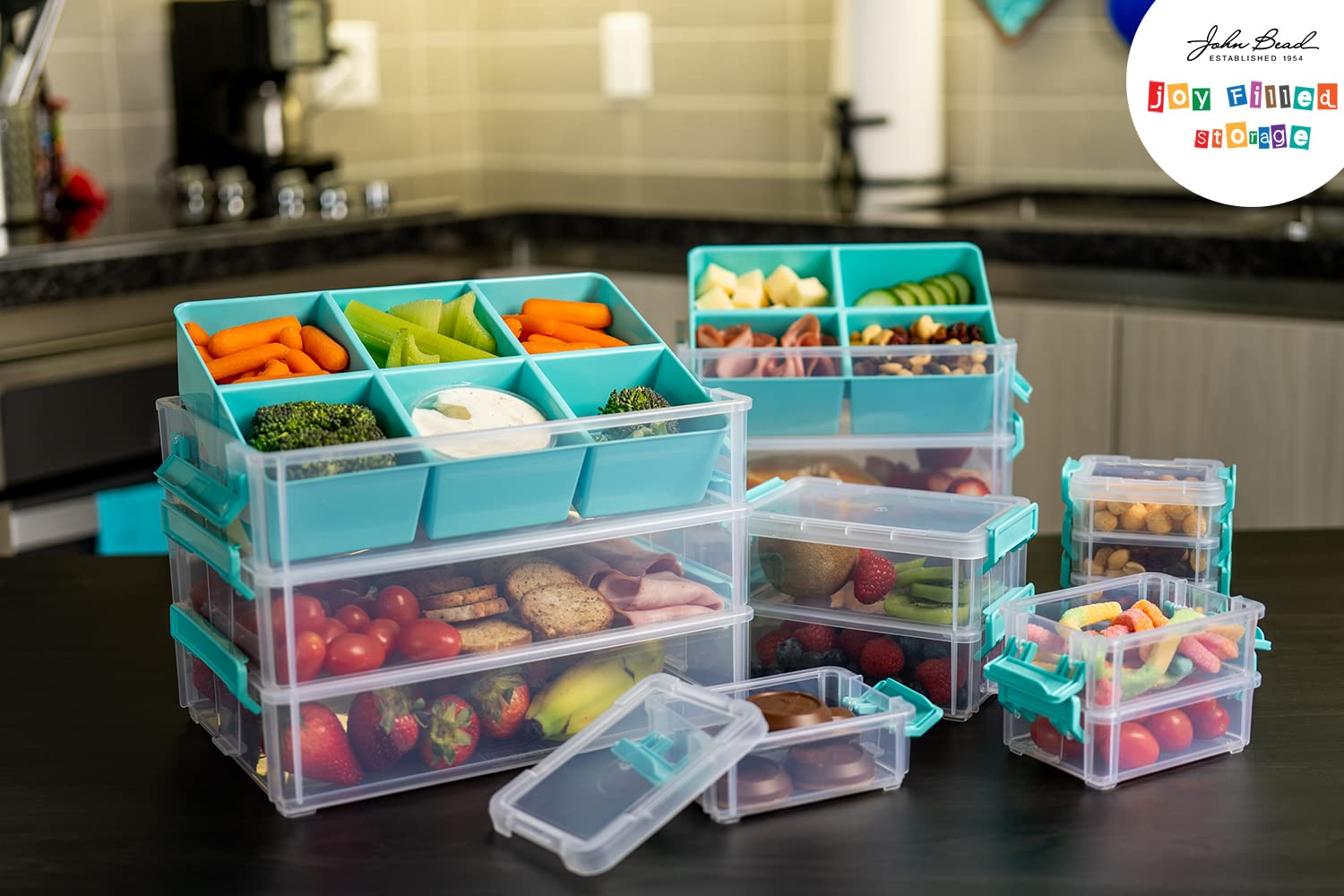 Joy Filled Storage - 2 Clear Stackable Food Storage Containers with Lids (5.5x4x2 Inches) - Turquoise Trim for Crafts, Kitchen Organization & Home Decor | Perfect for Baking Supplies, Office Desk & Craft Room Storage