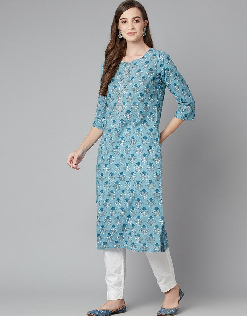 Blue Cotton Straight Kurti for Women - Comfortable & Stylish Indian Tunic Top for Casual Wear, Office & Festive Occasions