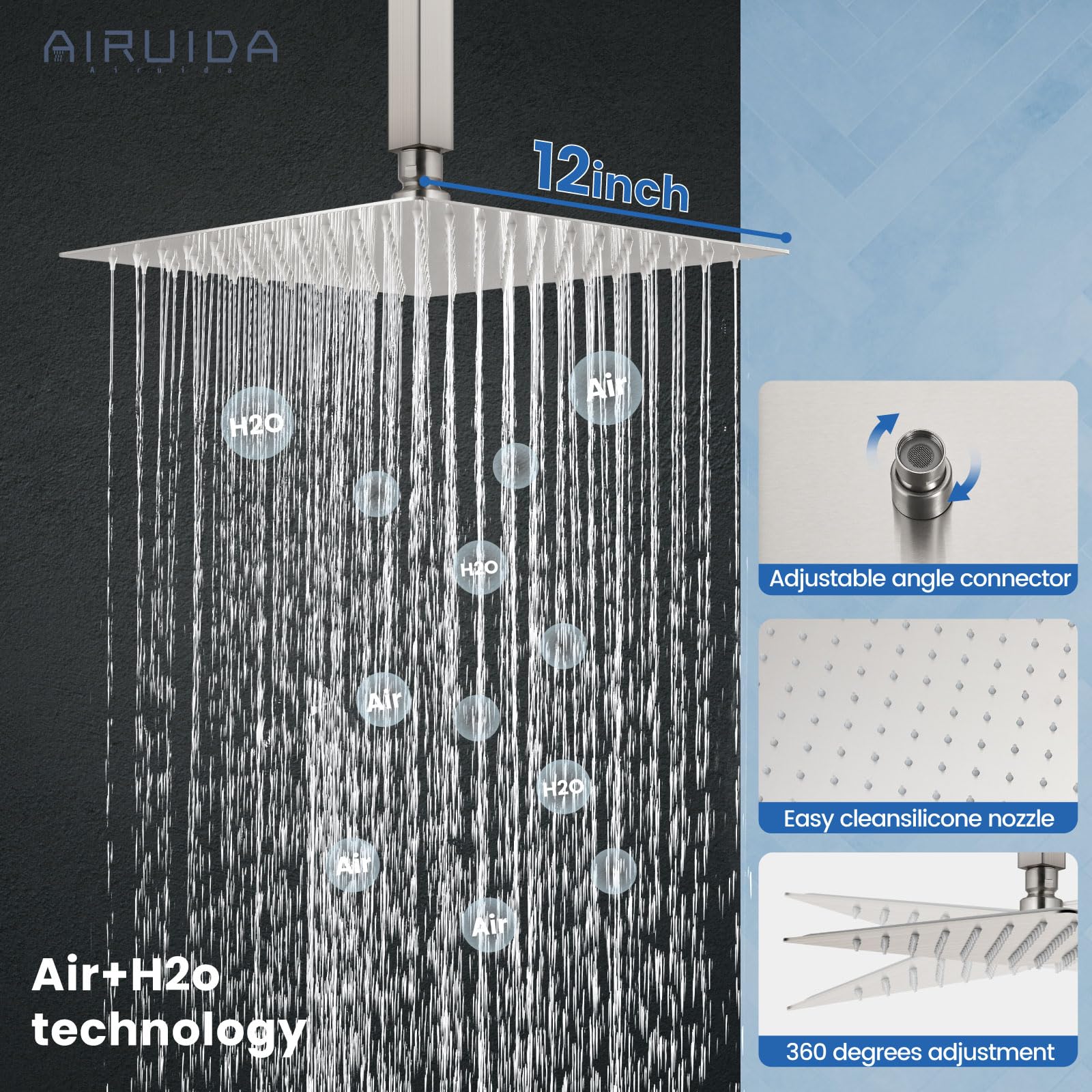 12 Inch Ultra-Thin Ceiling Mount Rain Shower System - Brushed Nickel SUS304 Luxury Shower Head with Handheld & Rough-in Valve - Perfect for Modern Bathroom & Spa Experience