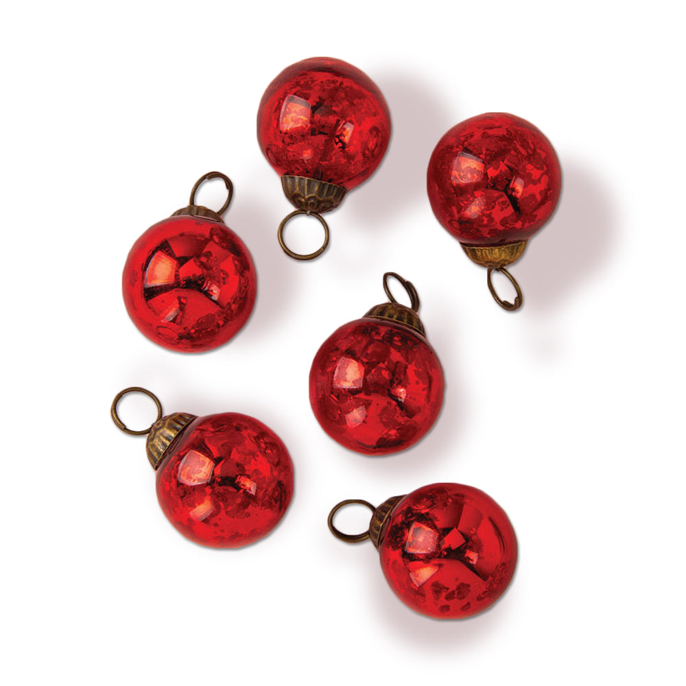 6 Pack Handcrafted Mini Mercury Glass Ball Ornaments - 1.5 Inch Red Ava Style Christmas Tree Decorations for Holiday Home & Party Decor