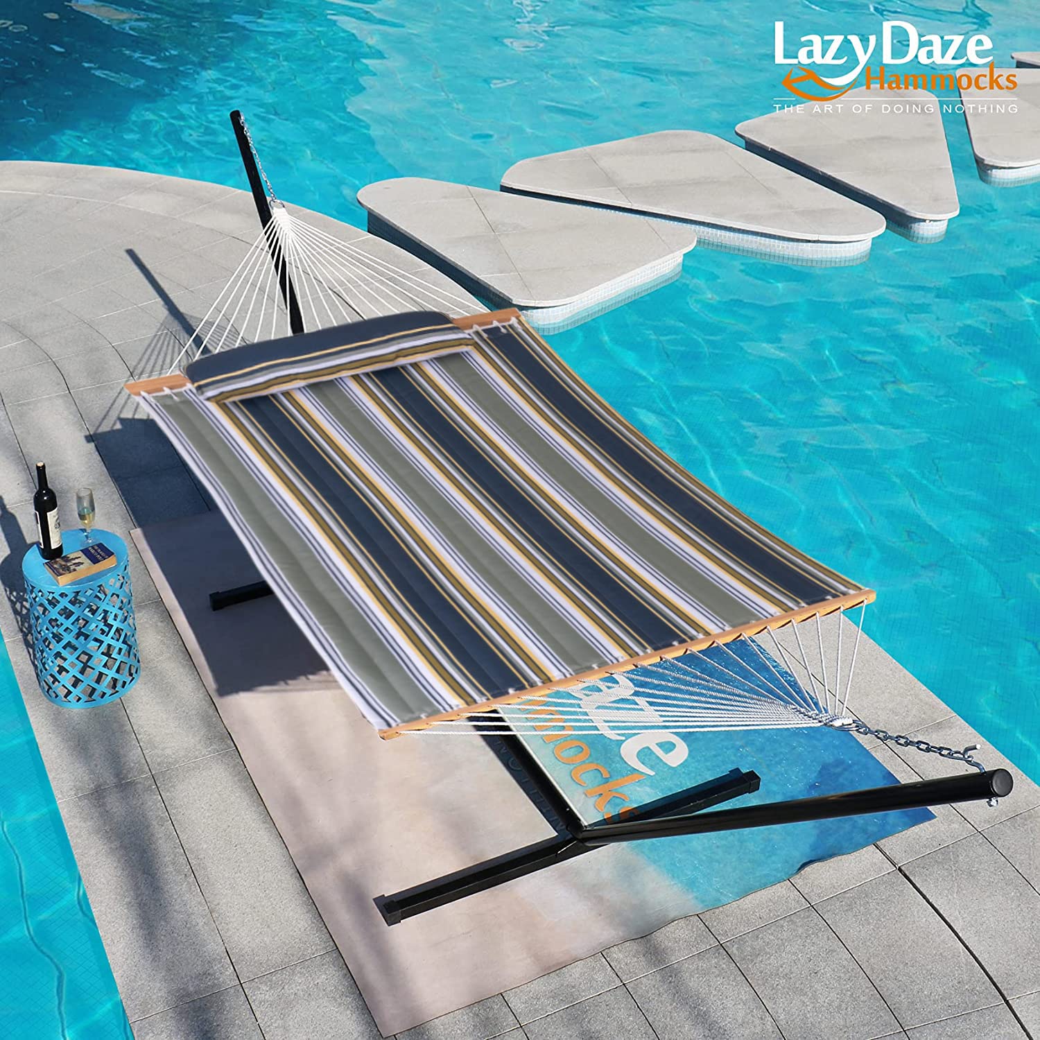 12 FT Quilted Fabric Double Hammock with Spreader Bar - 2 Person Outdoor Hammock with Chains & Pillow - 450 lbs Capacity for Patio, Poolside, Backyard & Beach Camping - Perfect for Relaxing in Forest, Garden or Vacation Getaways