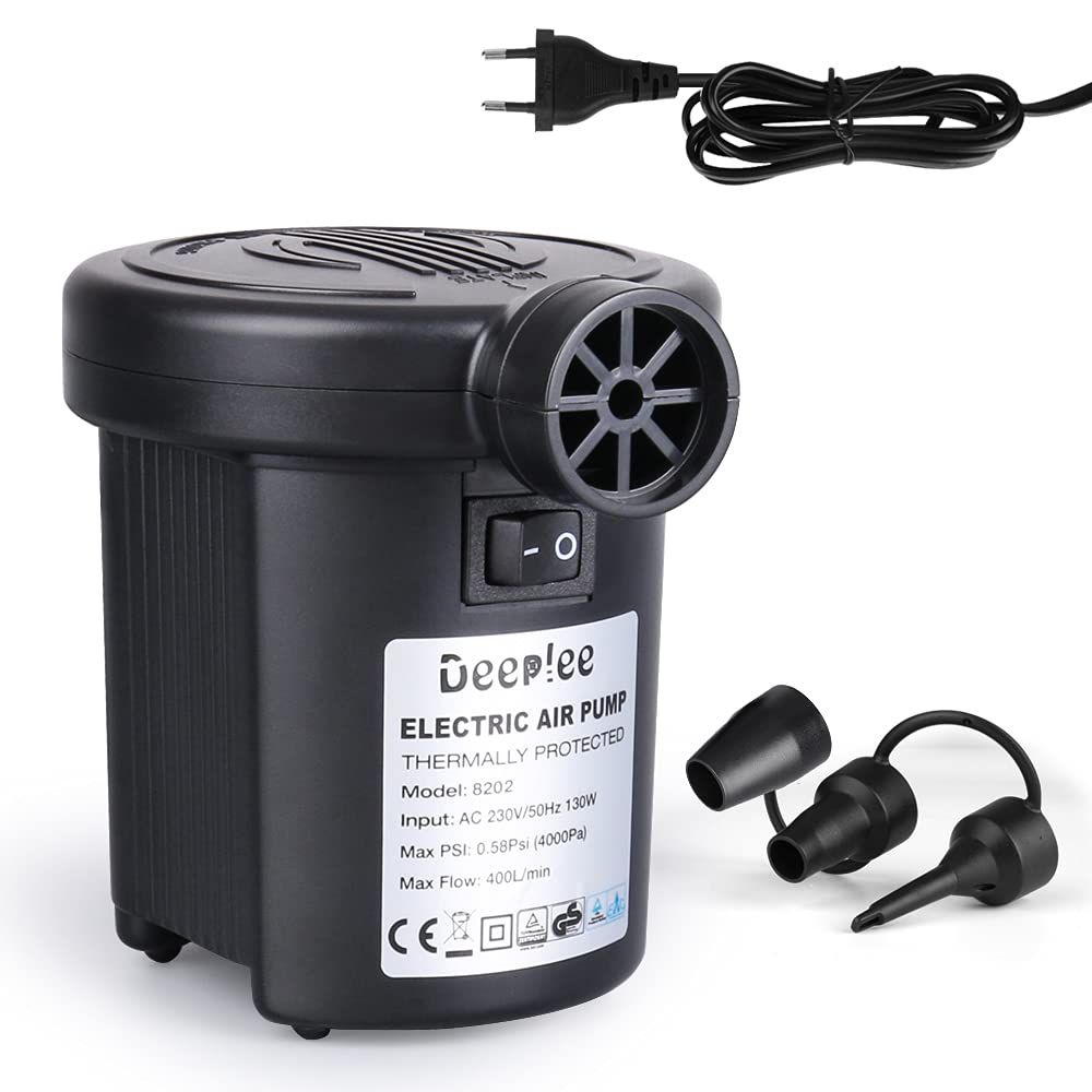 Deeplee 130W High Power Electric Air Pump, 2-in-1 Inflator & Deflator for Inflatable Mattresses, Pools, Boats, Toys - Includes 3 Nozzles - Perfect for Camping, Travel, and Home Use