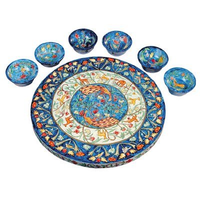Yair Emanuel Wooden Passover Seder Plate Set with Peacock Design - Traditional Jewish Holiday Dinnerware for Pesach Celebration & Home Decor