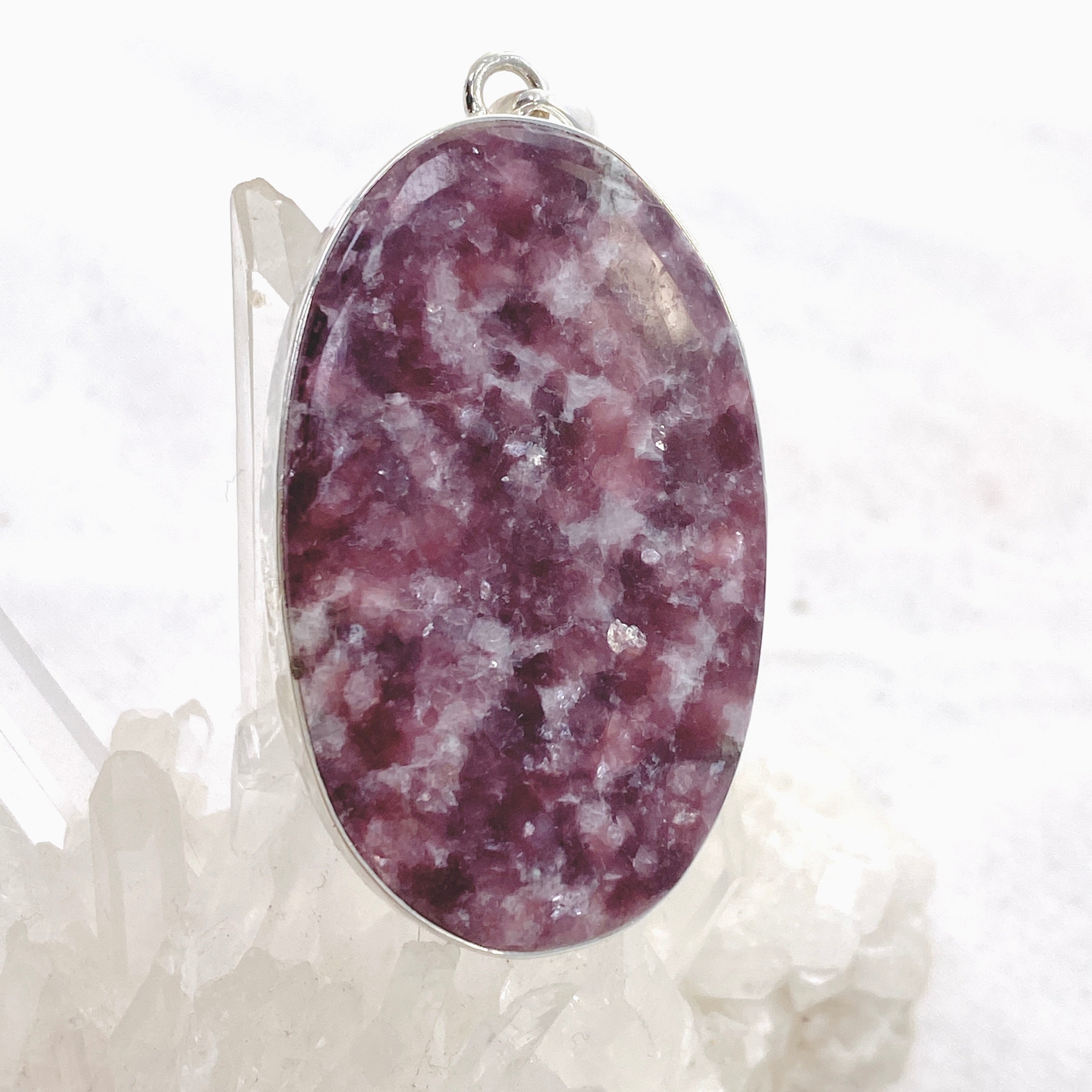 Natural Lepidolite Oval Cabochon Pendant with Hammered Sterling Silver Setting - Healing Crystal Jewelry for Stress Relief & Emotional Balance | Perfect for Meditation, Yoga & Spiritual Practices