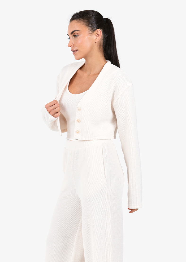 Cozy Rib Knit Cropped Cardigan Sweater - Soft Oatmeal Color for Women | Perfect for Lounge Wear, Coffee Dates & Casual Outfits