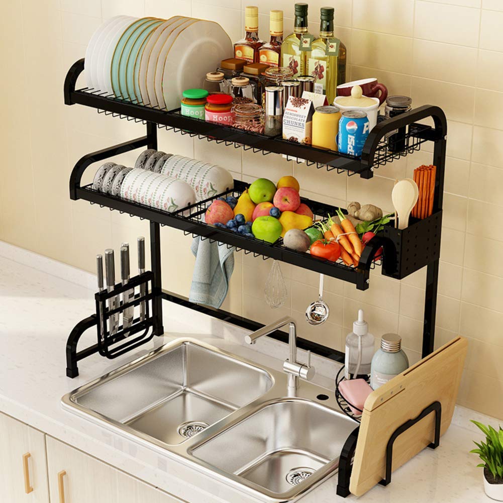 Stainless Steel Over The Sink Dish Drying Rack - Adjustable 2-Tier Dish Drainer & Utensil Holder (26 Inch/65cm) - Space Saving Kitchen Organizer for Small Apartments & Compact Kitchens
