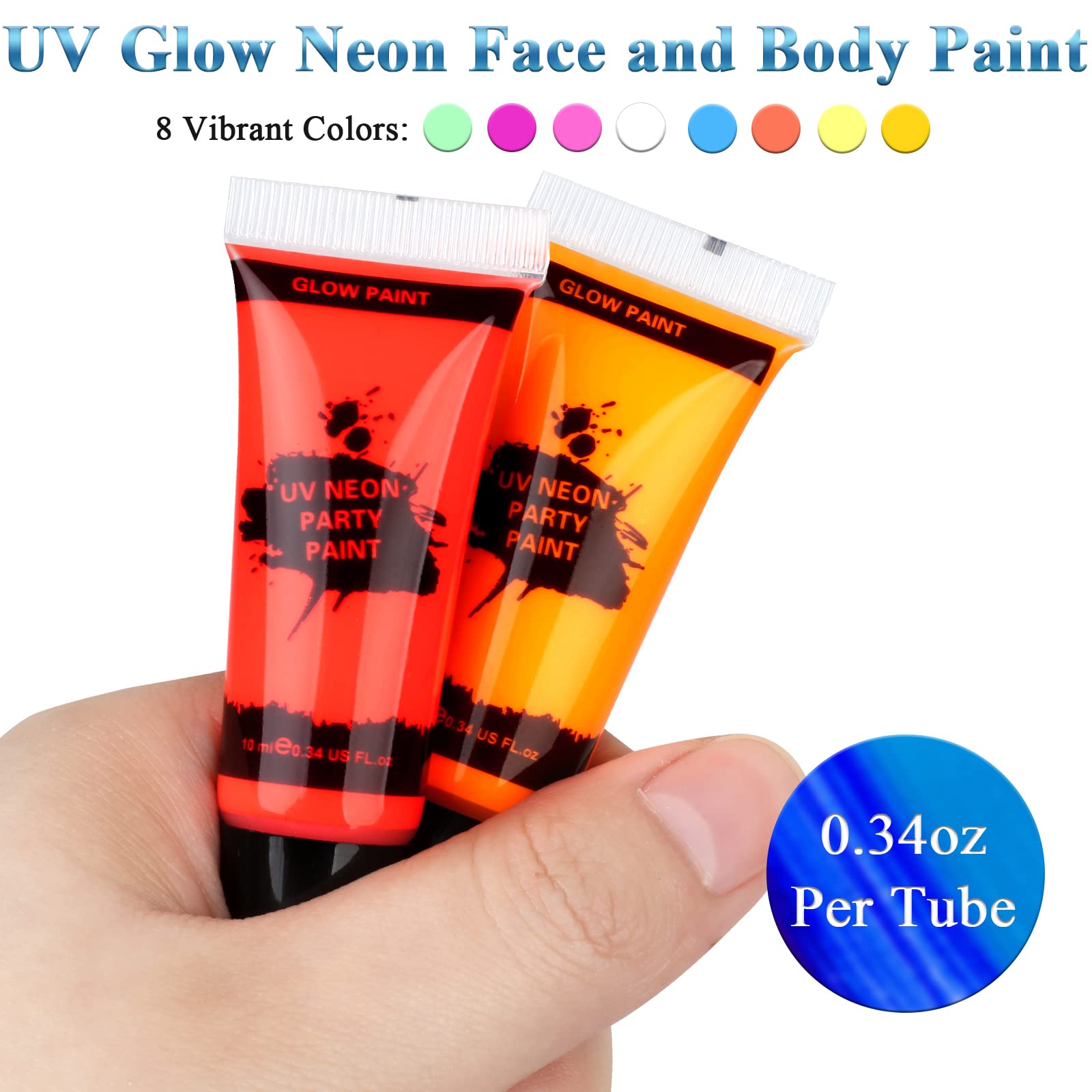 Blacklight Neon Face & Body Paint - 8 Tubes (0.34oz/10ml) Glow in The Dark, Fluorescent UV Party Makeup for Halloween, Raves & Festivals - Safe & Washable