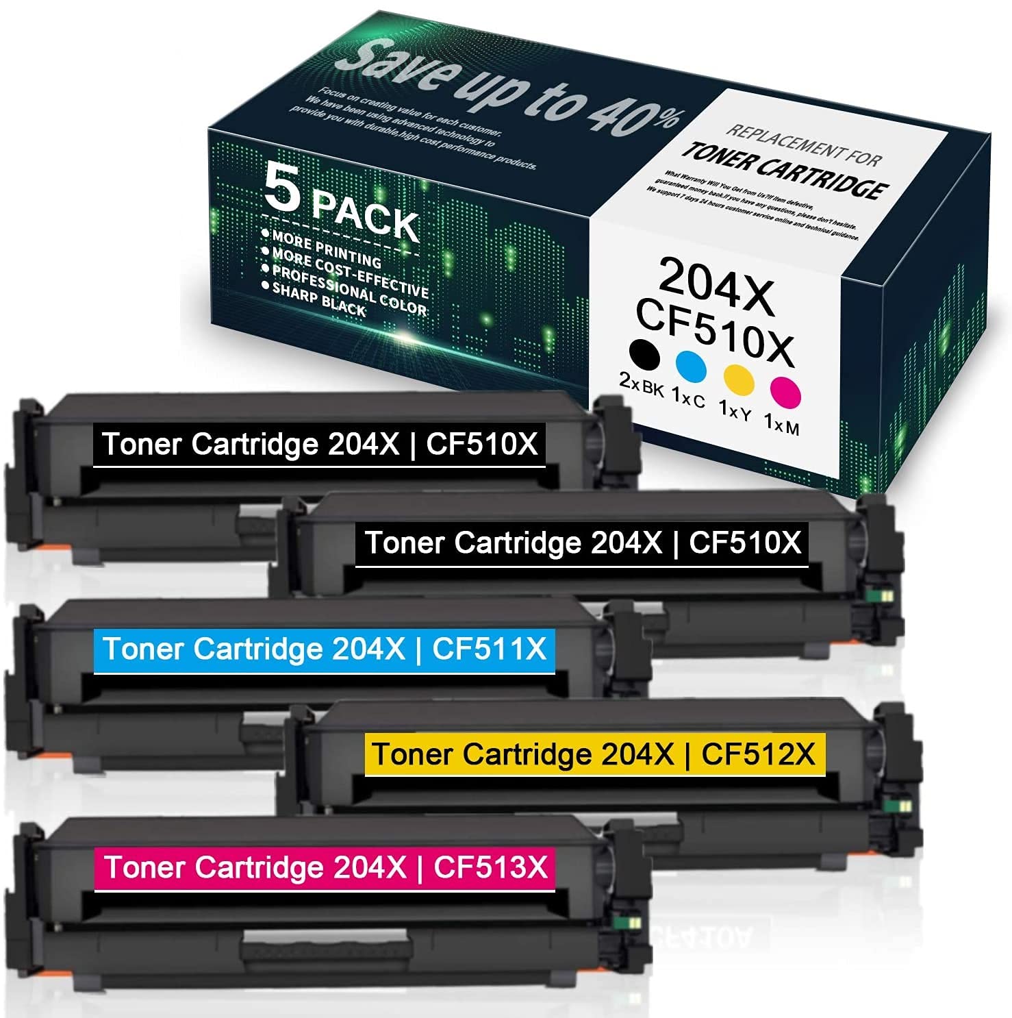 5-Pack High Yield Color Pro M154a/M154nw/MFP M180n/M181fw/M181fdw/M180nw Compatible Toner Cartridge for HP 204X (2BK/1C/1Y/1M) | CF510X/CF511X/CF512X/CF513X Replacement | Ideal for Home & Office Printing - by VaserInk