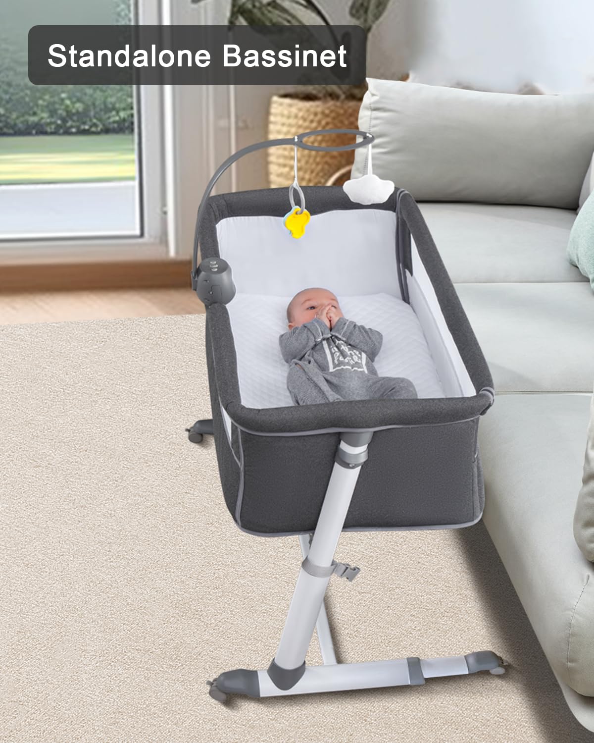 **Yacul Baby Bassinet with Wheels & Music Box - Adjustable Height, Breathable Mesh, Portable Bedside Crib Sleeper for Newborns - Dark Gray - Perfect for Nursery, Bedroom & Travel**