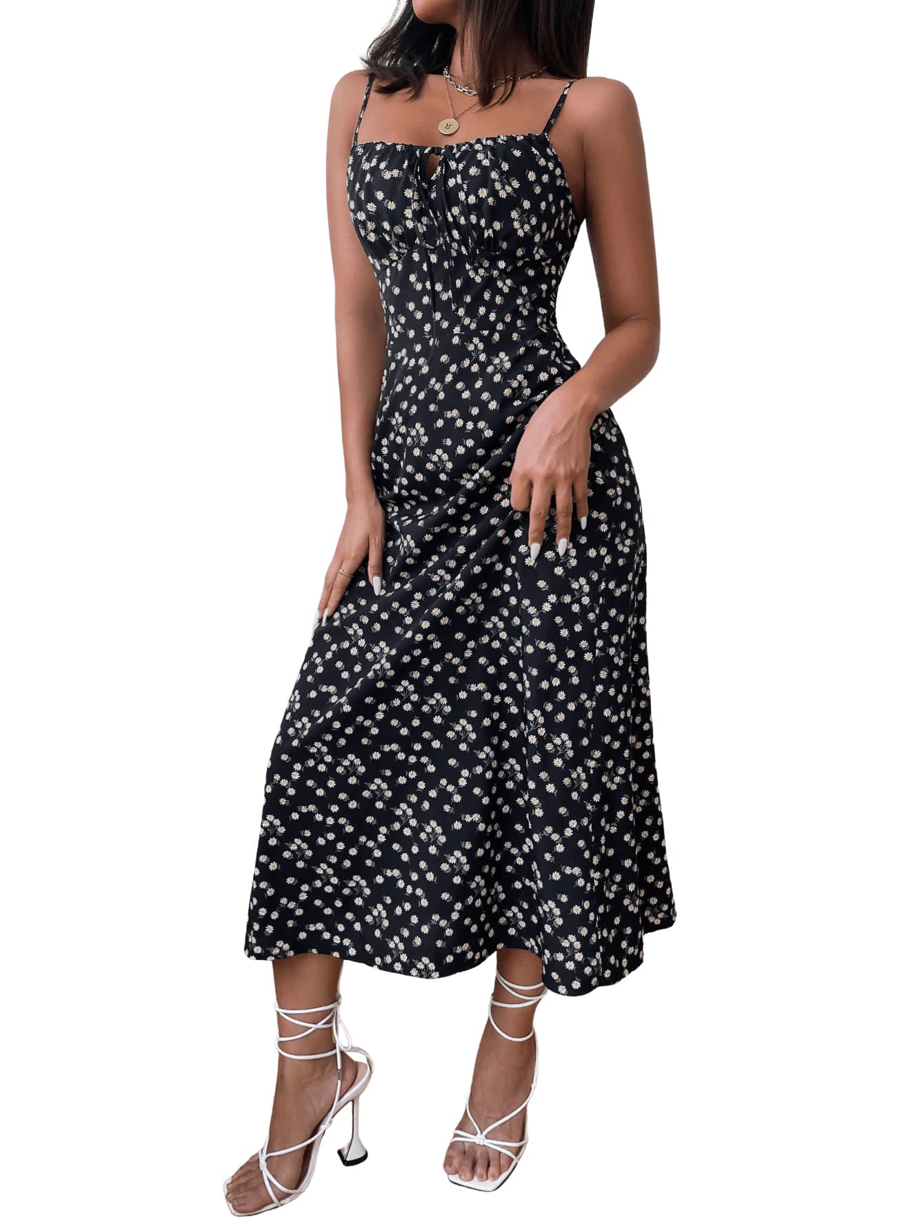 SweatyRocks Women's Bohemian Floral Maxi Dress - Sleeveless Tie Front Cami Sundress for Beach, Vacation & Summer Outfits