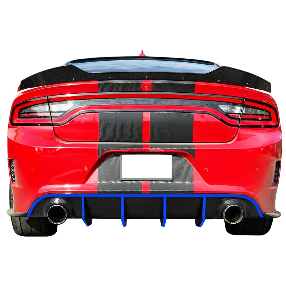 IKON MOTORSPORTS V2 Style Rear Diffuser with Blue Reflective Tape - Compatible with 2015-2023 Dodge Charger SRT | Aggressive Look & Enhanced Aerodynamics | Perfect for Car Enthusiasts & Street Racing