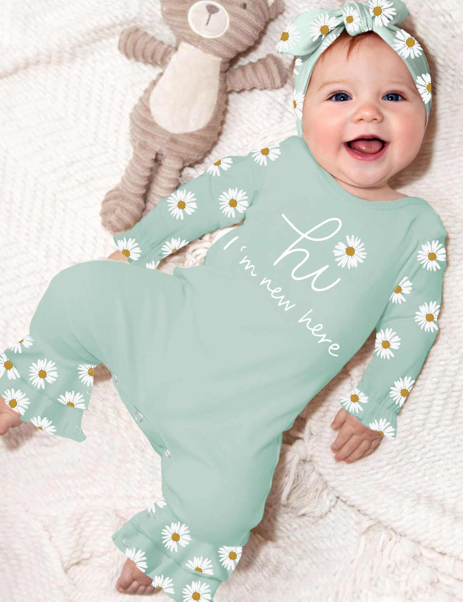 Newborn Girl Clothes - Ruffle Letter Print Romper & Bell Bottom Jumpsuit with Headband Hat | Boho Baby Outfit for Photoshoot, Party & Daily Wear