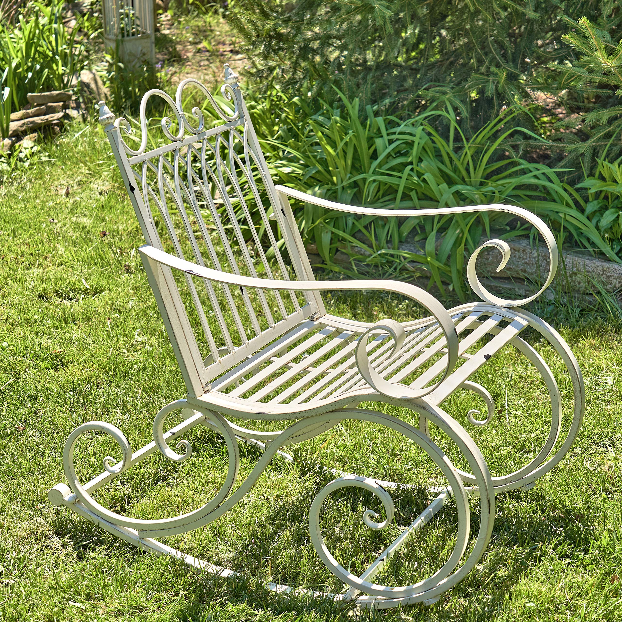 Zaer Ltd. Outdoor Metal Rocking Arm Chair - Antique White Patio Rocking Bench for Garden, Porch & Backyard Relaxation | Durable All-Weather Furniture for Outdoor Living Spaces
