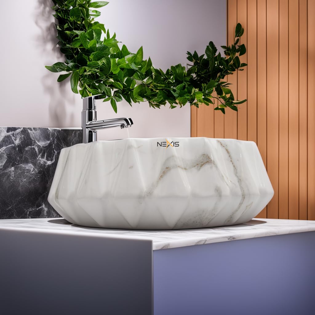 NEXIS Designer Glossy Finish Ceramic Vessel Sink - 16x16x5 Inch Art Wash Basin for Bathroom Vanity | Modern Table Top Sink in Lizza 603 White Brown | Perfect for Contemporary Home & Luxury Hotel Decor