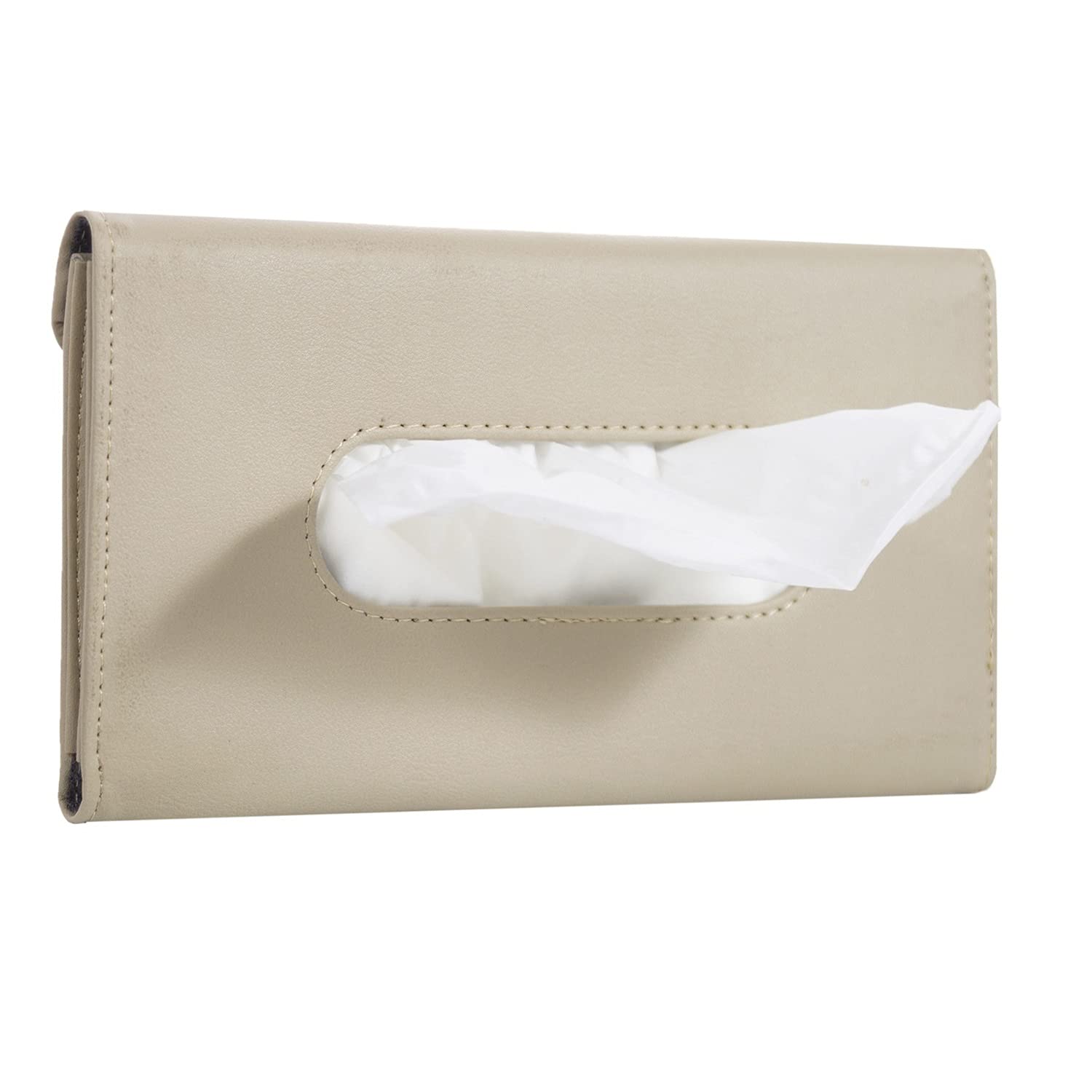 Premium Beige PU Leather Car Sun Visor Tissue Holder - Hanging Tissue Dispenser for Car Door & Back Seat Pocket - Interior Accessories Pouch for Wipes & Napkins - Perfect for Road Trips, Commuting & Family Travel