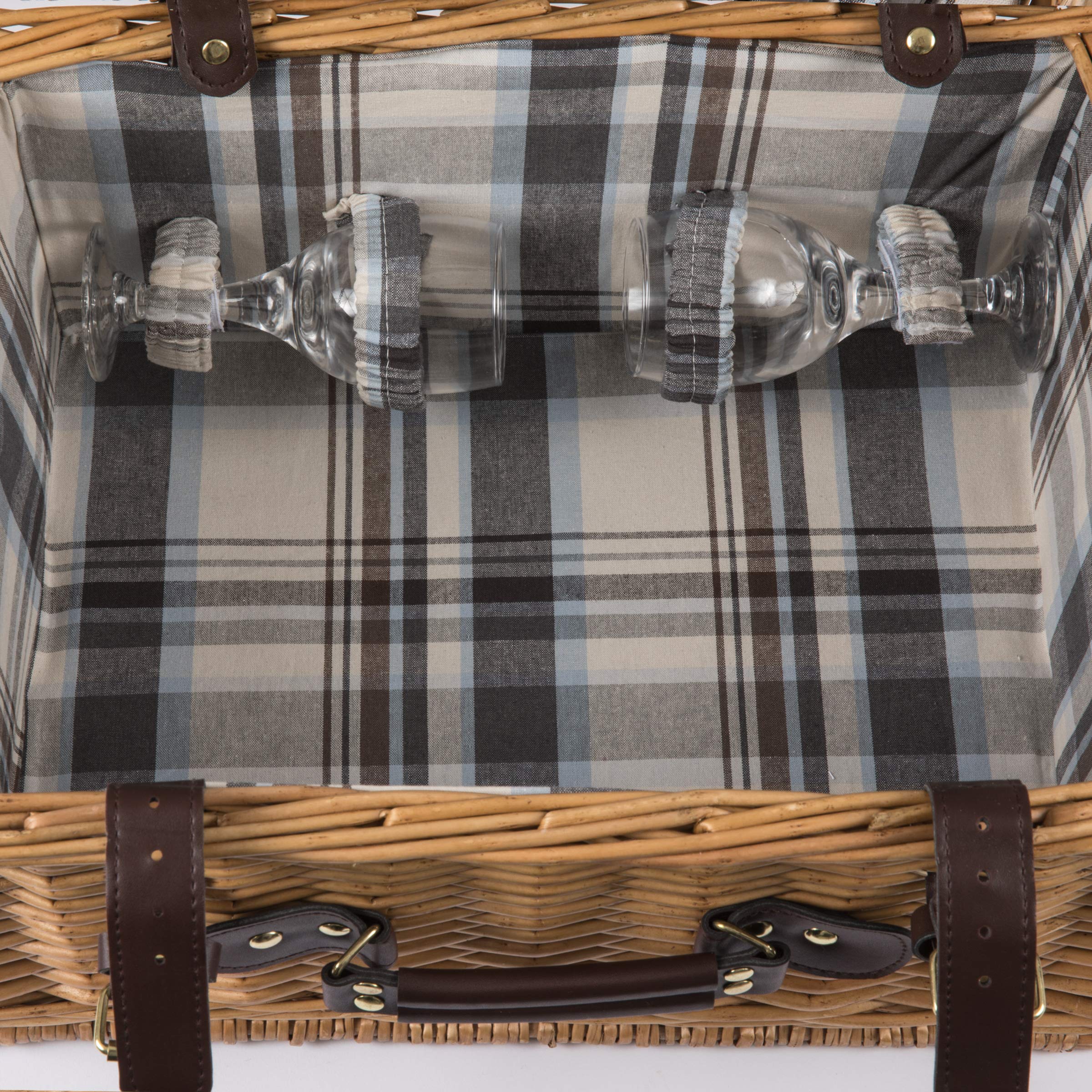 PICNIC TIME - Bristol Wicker Picnic Basket for 2 with Navy Blue & Burgundy Plaid Pattern - Complete Picnic Set for Couples | Perfect for Romantic Outdoors, Beach Dates, and Park Picnics