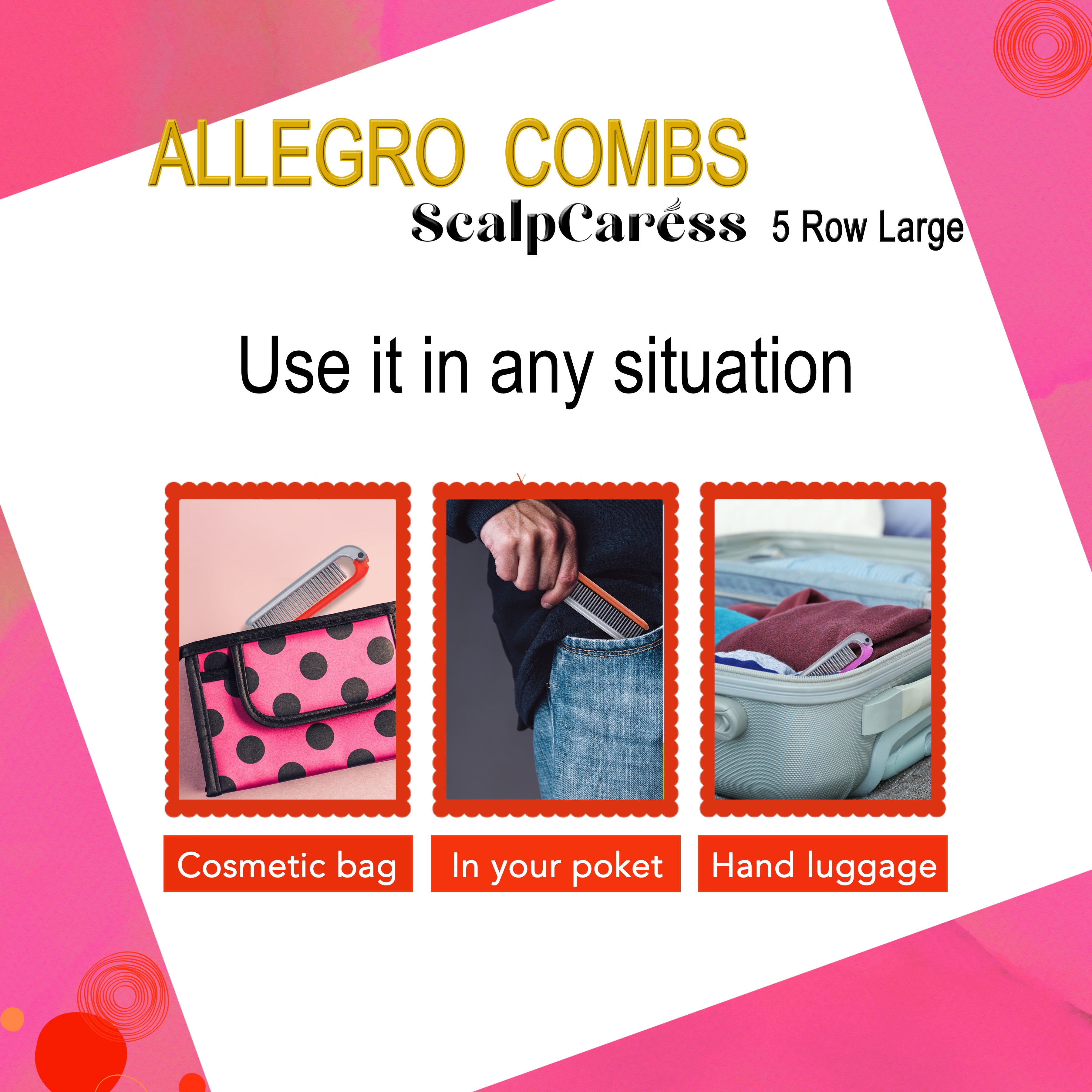 Allegro Combs ScalpCaress Mini Foldable Hairbrush - Portable Travel Hair Brush for Detangling & Scalp Massage - Perfect for Purse, Gym Bag & On-the-Go Styling