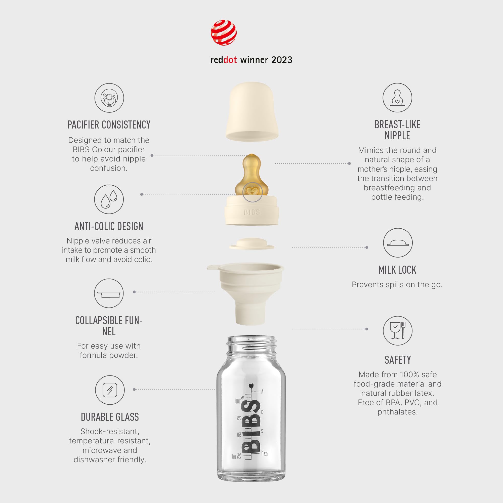 BIBS Baby Glass Bottle Set 110ml - BPA Free Natural Rubber Nipple | Eco-Friendly Baby Feeding Bottles Made in Denmark | Perfect for Newborns, Infants & Toddlers | Ideal for Breastmilk, Formula & Water Feeding at Home or On-the-Go