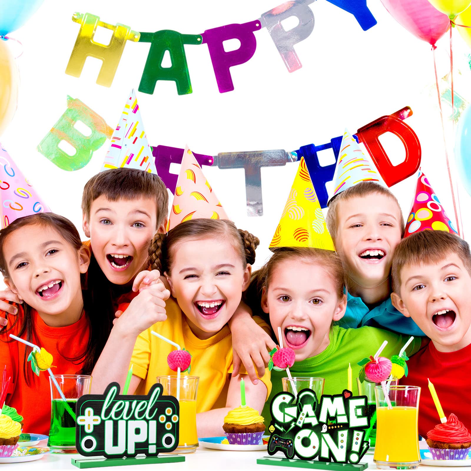 Frienda 3-Piece Wooden Video Game Party Decor Set - Level Up Birthday Banner, Pixel Art Table Signs & Gamer Centerpieces for Boys Kids Birthday Party (Green) | Perfect for Gaming Themed Parties, Streamer Events & Nerf Battle Decorations