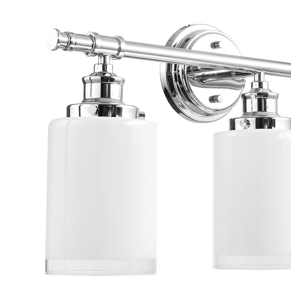 Globe Electric 51414 Freya 5-Piece Bathroom Lighting & Hardware Set - 3 Vanity Lights with White Shades, Towel Bar, Ring, Robe Hook & Toilet Paper Holder in Chrome & Frosted Glass - Perfect for Modern Bathroom Remodel & Home Decor